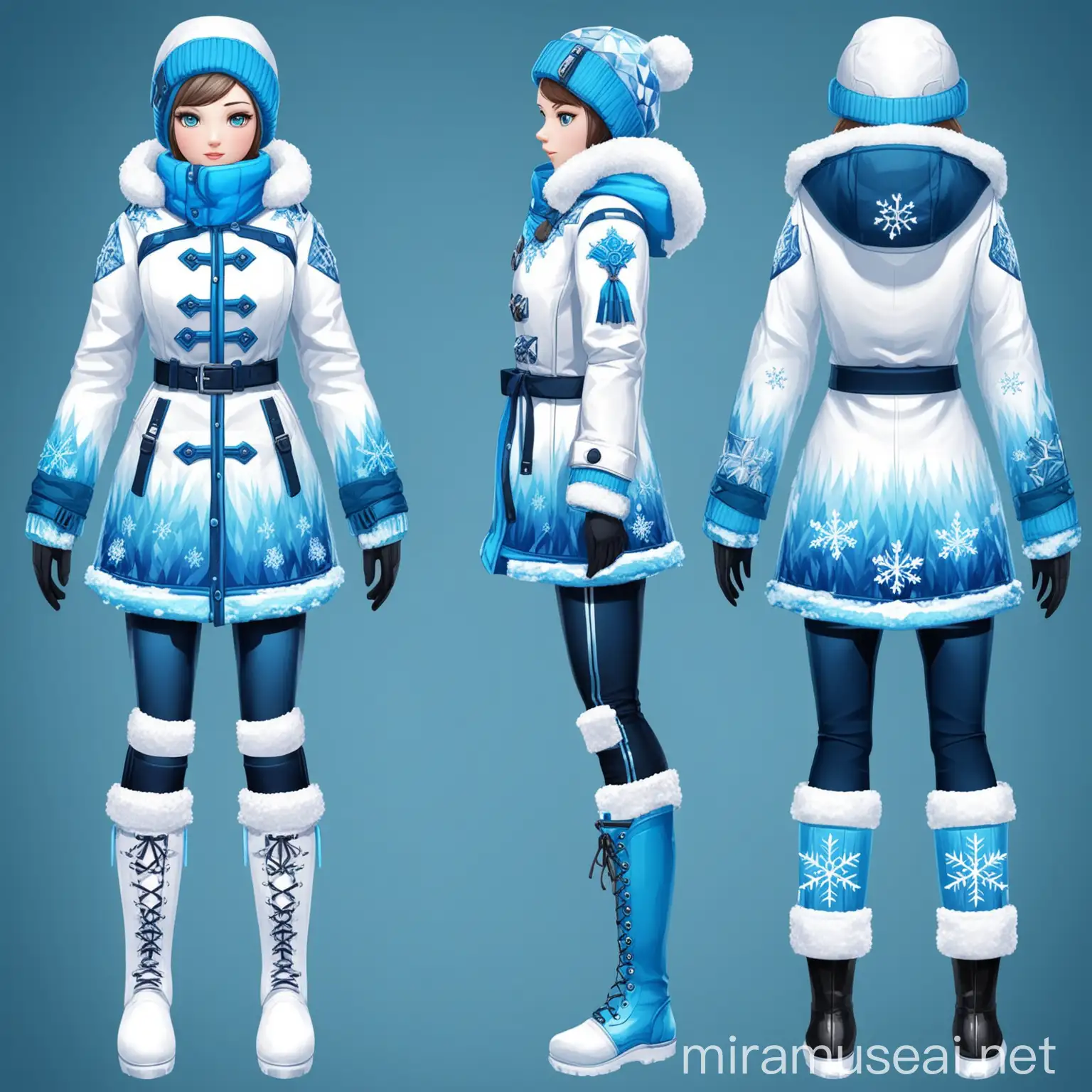  create an outfit with sub theme snow and ice make sure that is is an game outfit and a winter outfit with back and front view
