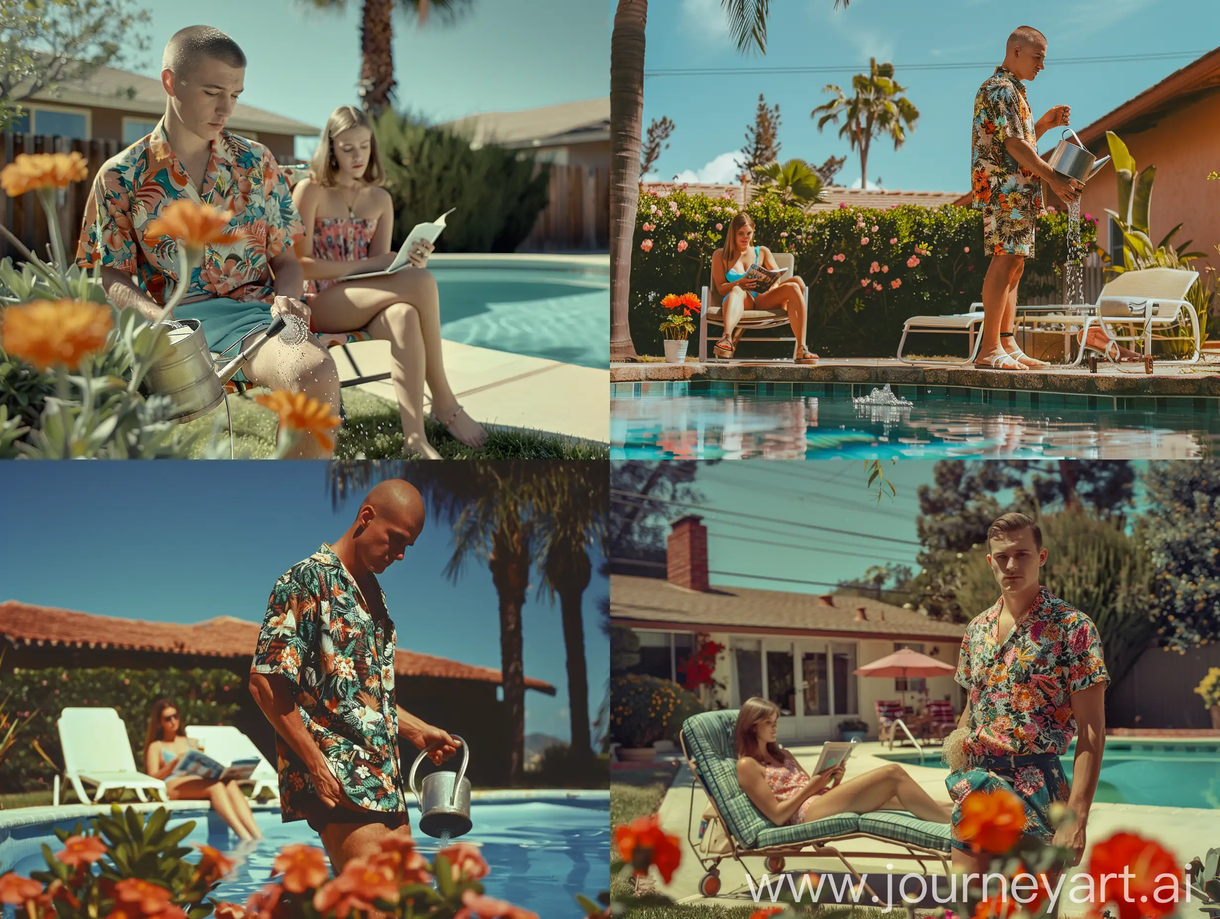 Man-with-Buzzcut-Watering-Flowers-Girlfriend-Relaxing-by-Poolside