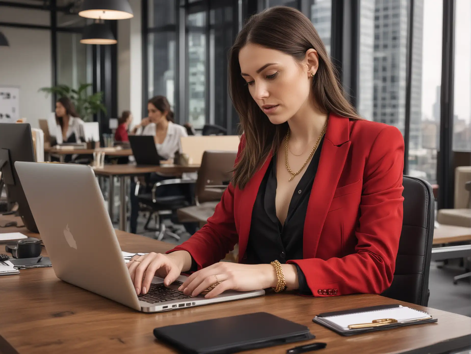 30 year old pale white woman, long dark brown hair parted to the right and a gold necklace. She is wearing a red blazer with black shirt and black trousers, sitting at a desk typing, looking down on unbranded laptop, crowded and busy high rise urban office setting