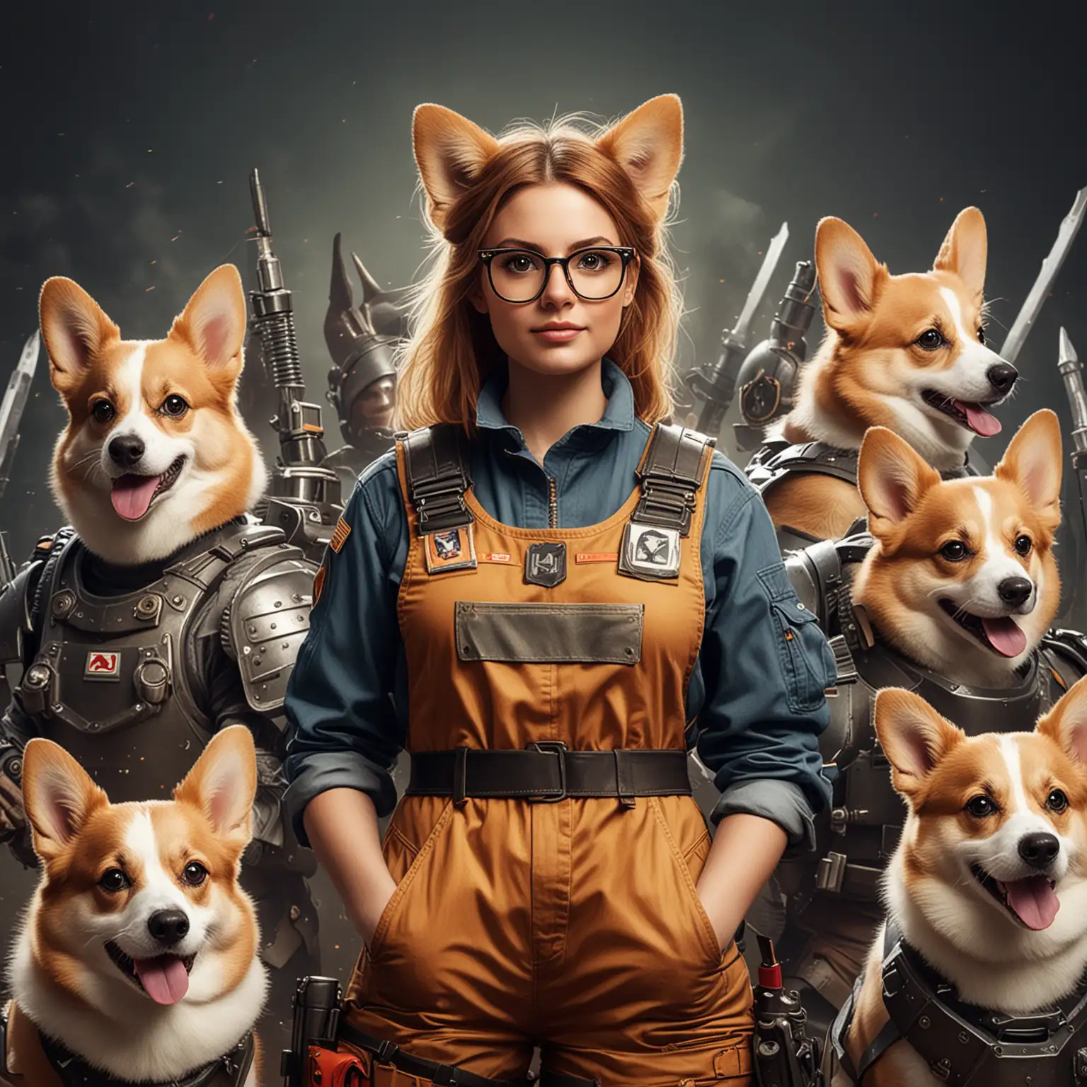 Create a logo of a bespectacled woman in battle overalls surrounded by corgis in battle armor.