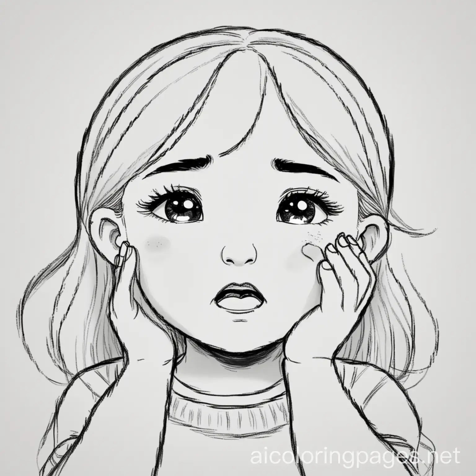 little girl crying, Coloring Page, black and white, line art, white background, Simplicity, Ample White Space. The background of the coloring page is plain white to make it easy for young children to color within the lines. The outlines of all the subjects are easy to distinguish, making it simple for kids to color without too much difficulty
