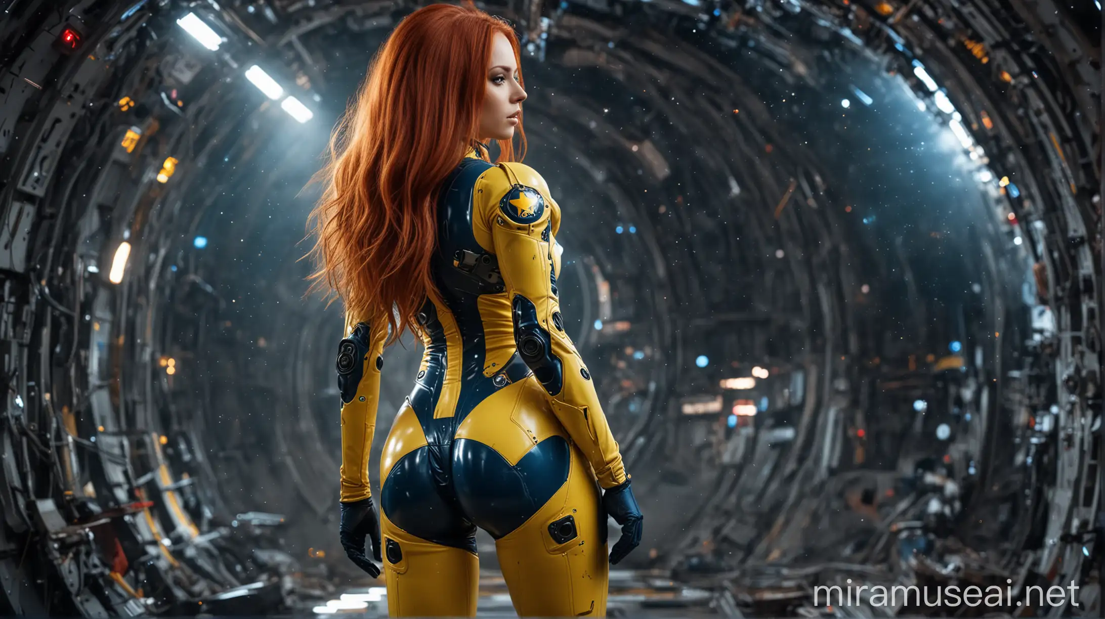 Futuristic Russian Fitness Model in Glowing Yellow and Blue Spacesuit on Alien Planet