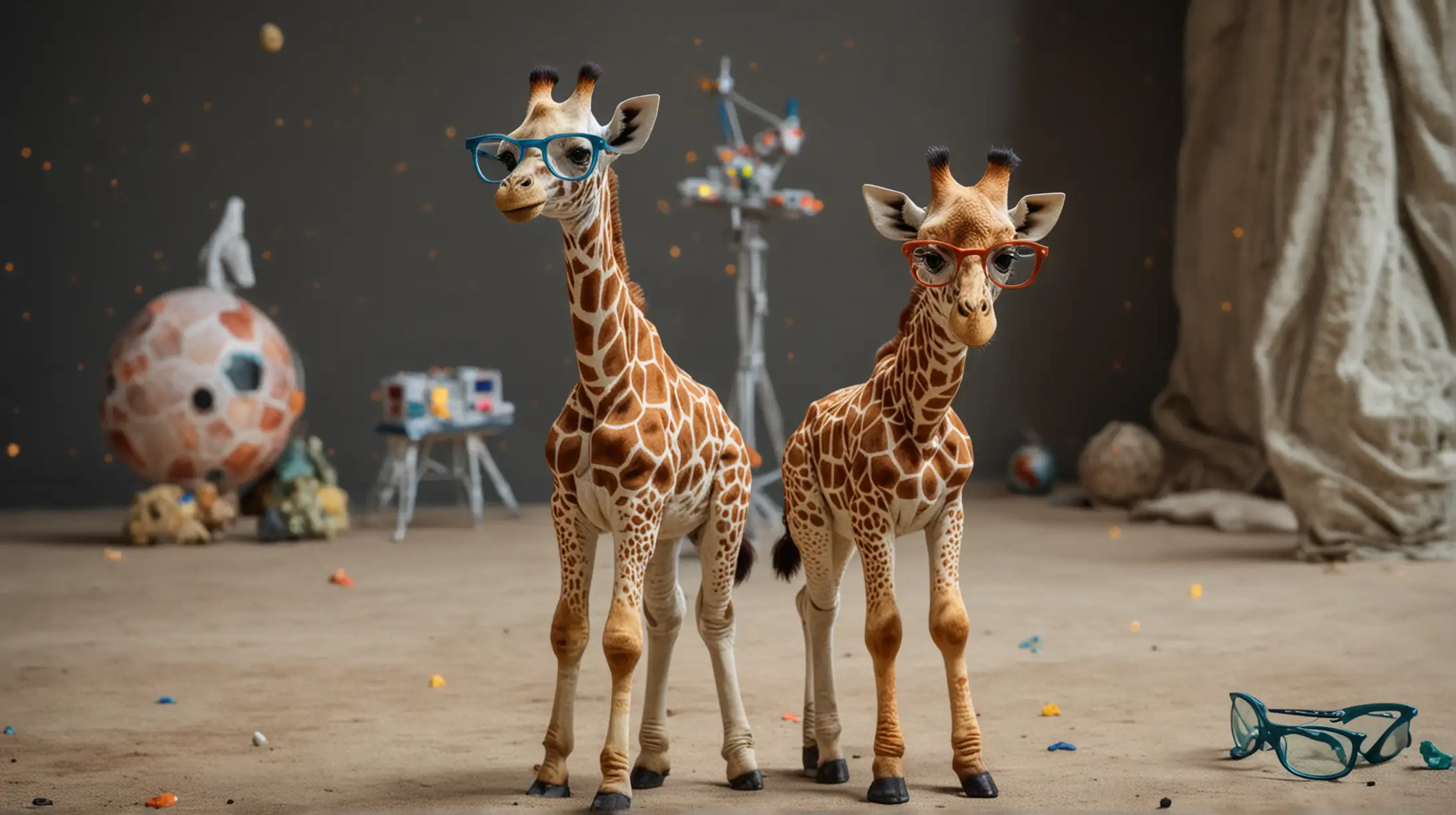 space objjects and one baby Giraffe with glasses in the background 