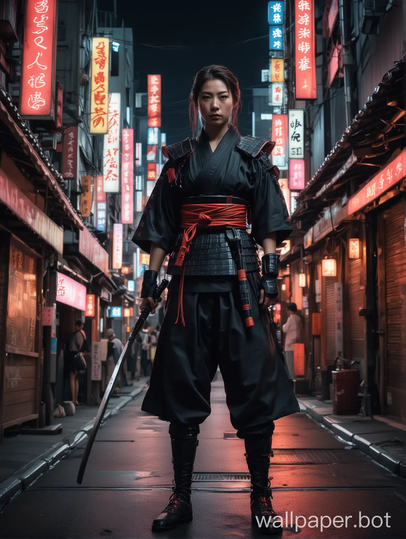 A female Samurai without armor and in the middle of a neon district in modern Japan