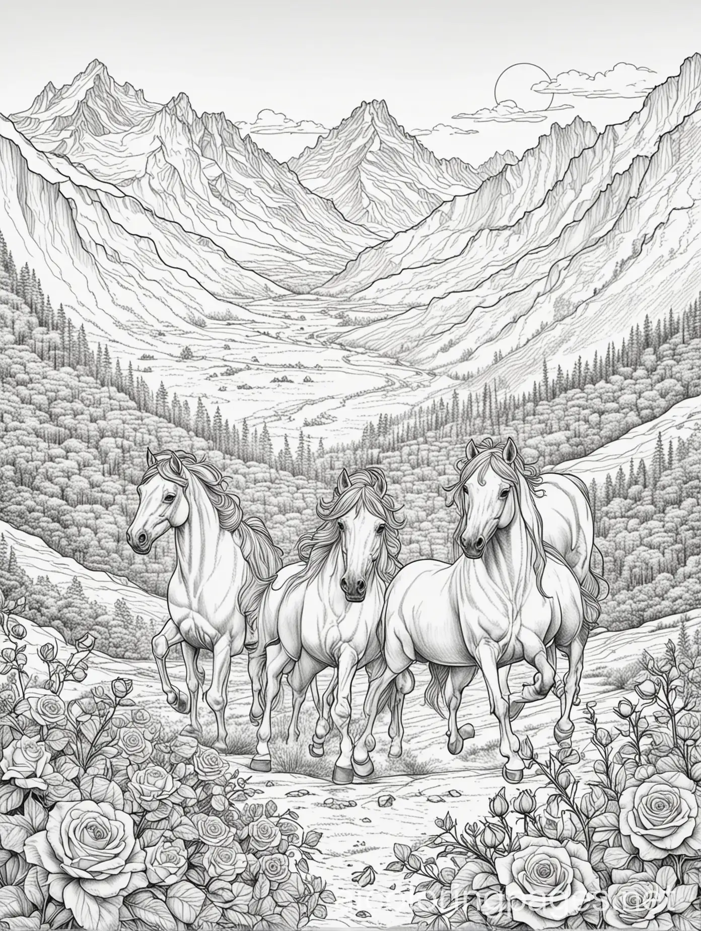 mountains and roses with horses running, Coloring Page, black and white, line art, white background, Simplicity, Ample White Space. The background of the coloring page is plain white to make it easy for young children to color within the lines. The outlines of all the subjects are easy to distinguish, making it simple for kids to color without too much difficulty
