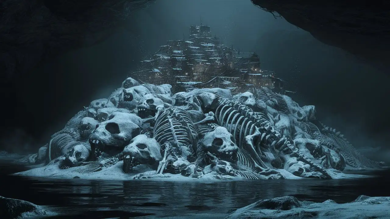 Ramshackle City on SnowCovered Giant Skeletons in Underwater Cavern