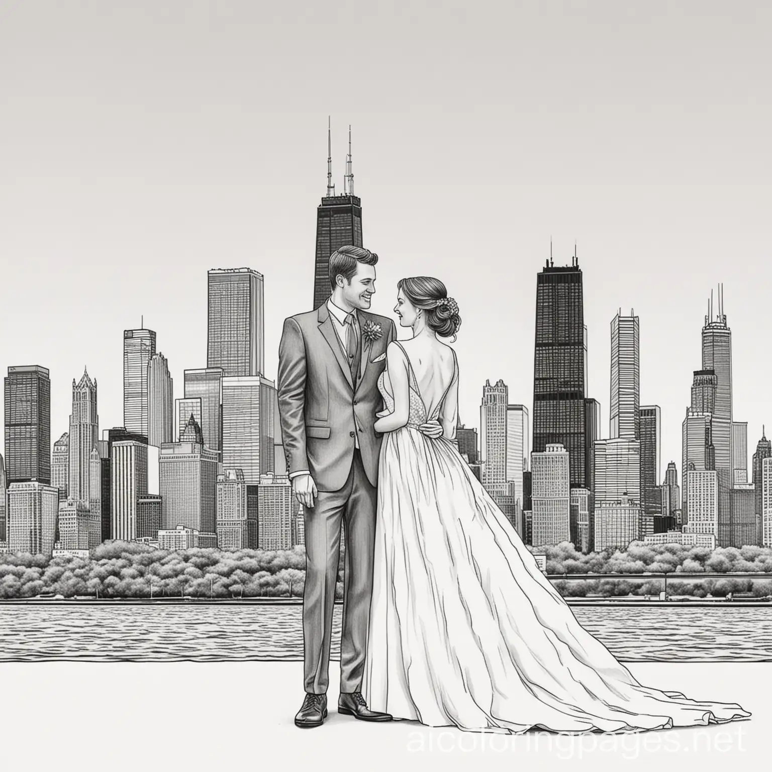 bride and groom in front of chicago skyline, Coloring Page, black and white, line art, white background, Simplicity, Ample White Space. The background of the coloring page is plain white to make it easy for young children to color within the lines. The outlines of all the subjects are easy to distinguish, making it simple for kids to color without too much difficulty