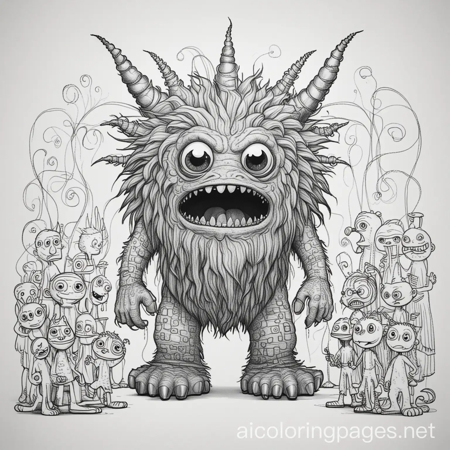 A large monster that looms behind people with tendrils that can attach to them and make them into puppets, Coloring Page, black and white, line art, white background, Simplicity, Ample White Space. The background of the coloring page is plain white to make it easy for young children to color within the lines. The outlines of all the subjects are easy to distinguish, making it simple for kids to color without too much difficulty