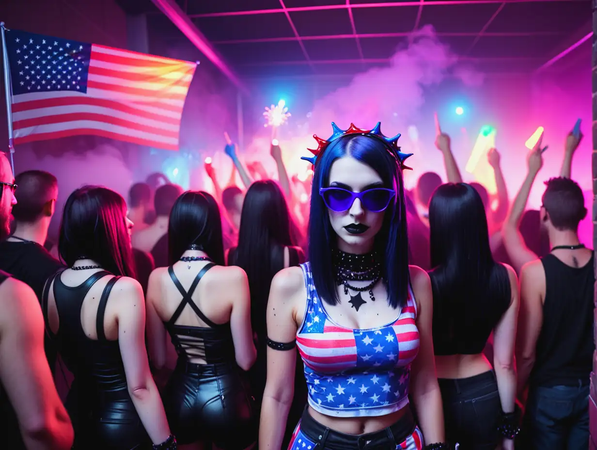 colorful usa, fourth of july, goth techno rave, house party, neon colors