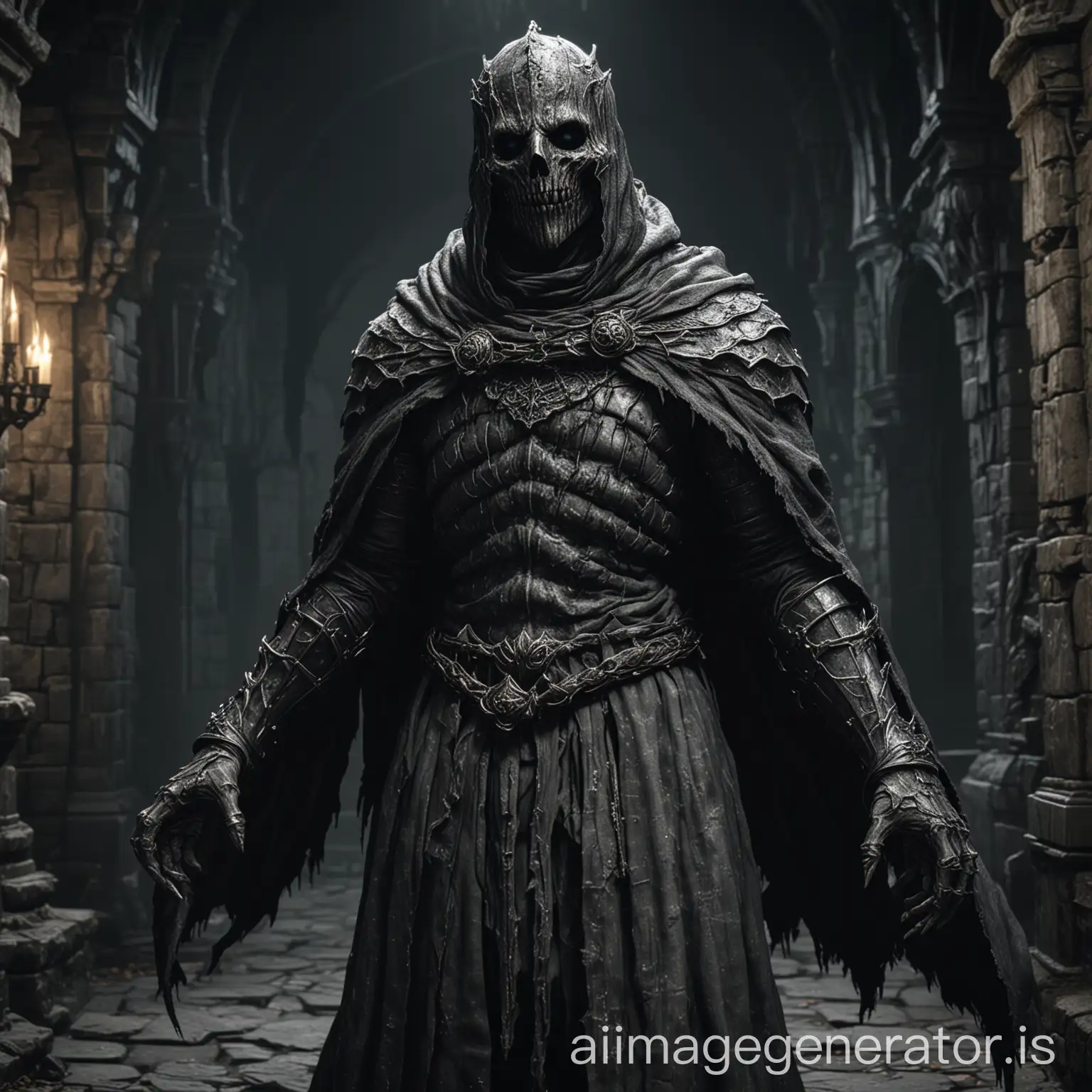 Realistic, up close full body, dark souls 3 creature, lesser undead, terrifying deformed appearance, night, castle interior, black and silver robes