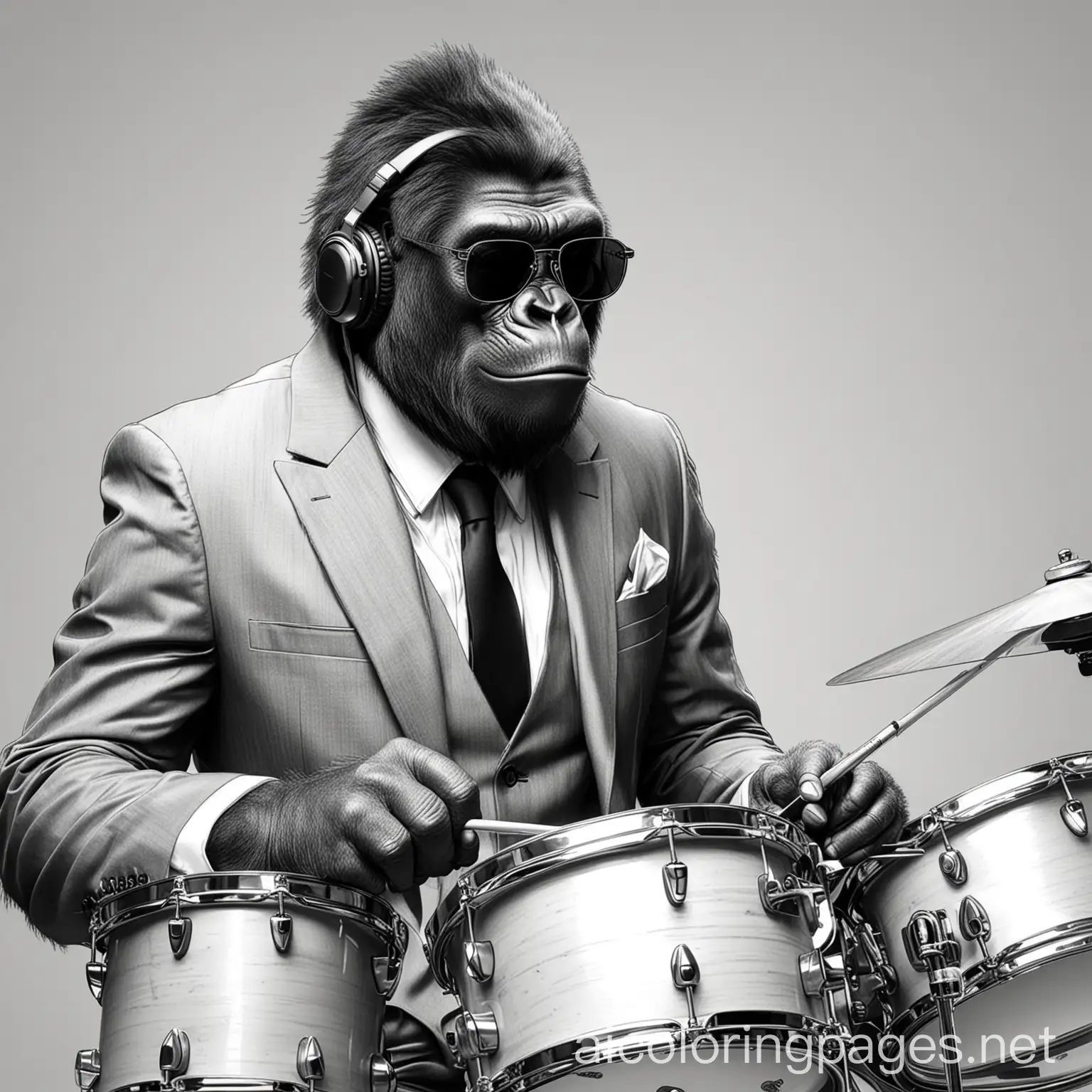 gorilla person wearing cool sunglasses and suit while jamming on a full drum set, Coloring Page, black and white, line art, white background, Simplicity, Ample White Space. The background of the coloring page is plain white to make it easy for young children to color within the lines. The outlines of all the subjects are easy to distinguish, making it simple for kids to color without too much difficulty