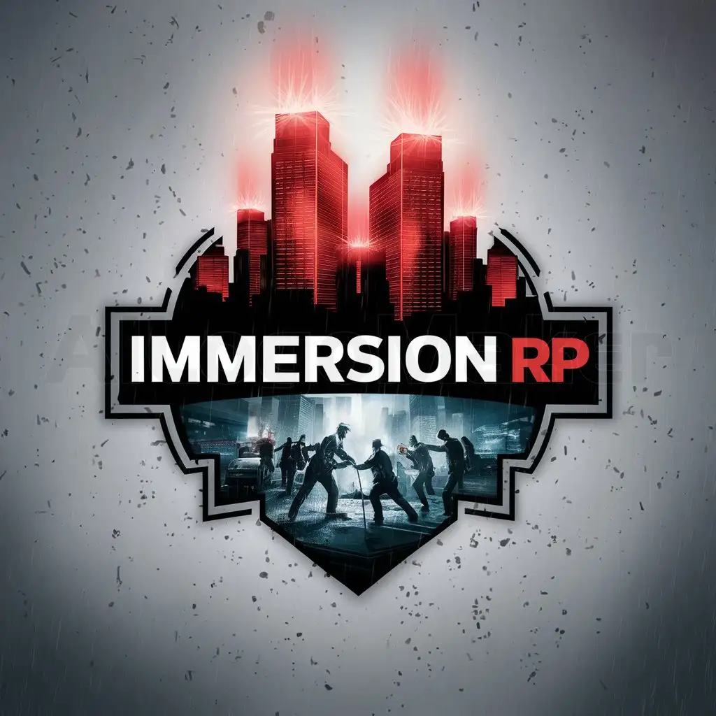 a logo design,with the text "Immersion RP", main symbol:skyscrapers flashing red intense battle of police and criminals with rain pouring down from the sky,Moderate,be used in Others industry,clear background