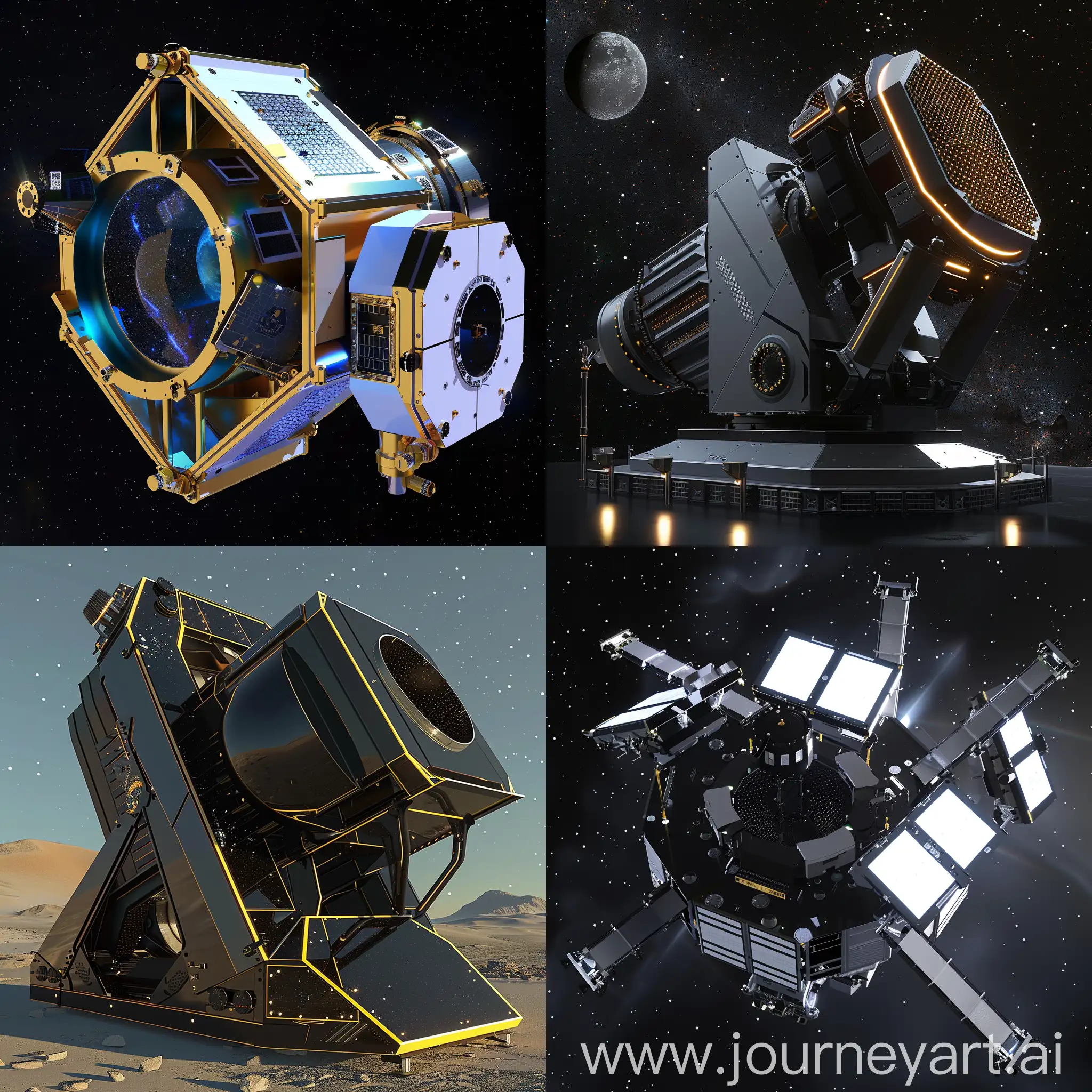 Futuristic space telescope, Quantum Sensors, AI-powered Image Processing Unit (IPU), Self-Deploying Mirror, Modular Design, Interstellar Communication Laser, Onboard Microlensing Occulter, Robotic Arm for Sample Collection, Bioprinting Repair System, Quantum Encryption, VR Interface for Real-Time Telescope Control, Adaptive Optics System powered by AI, Active Debris Avoidance System, Self-Deploying Sunshield, Modular Radiator Panels, Ultra-Lightweight Materials, Integrated 6G Communication Antenna, Interstellar Communication Array, Docking Ports for Robotic Servicing, Self-Assembly Capabilities, Onboard Power Generation, in unreal engine 5 style --stylize 1000