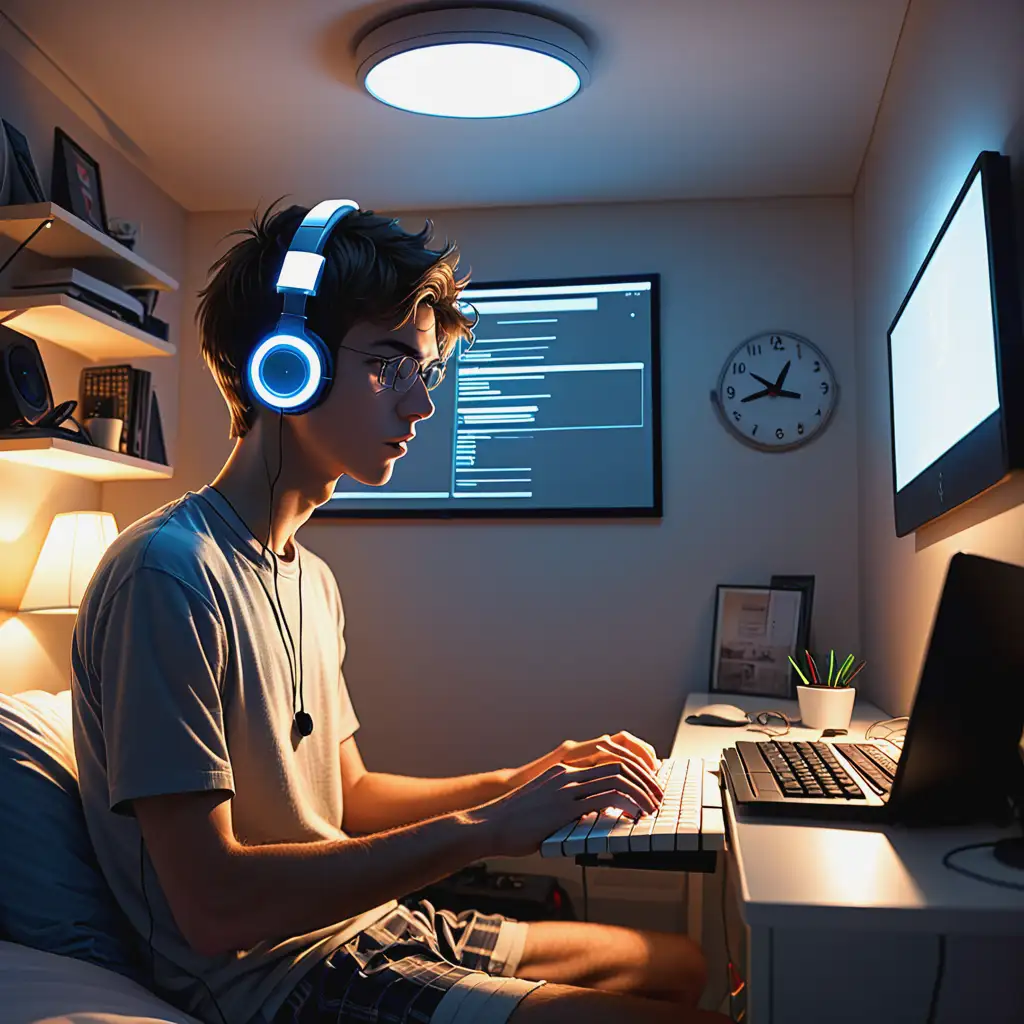 a room, with a light on the ceiling, a clock on the wall, a shorts-wearing young man typing on a keyboard looking at the screen, wearing headphone-style earphones, a bed next to him, and only one person in the room, without any computer brand identifiers