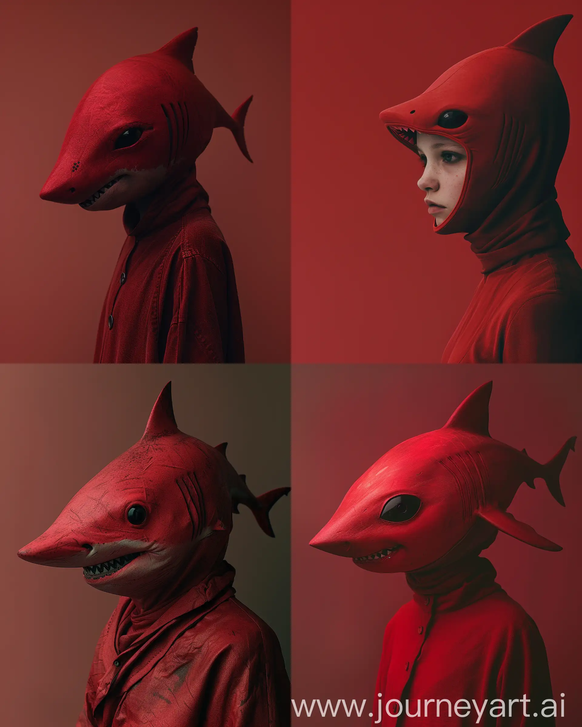A portrait of someone wearing a red shark head, cute black eyes, and a dark red body, solid color background, 3/4 angle, amazing color grading, amazing lighting, extremely realistic --v 6 --ar 4:5 --s 250