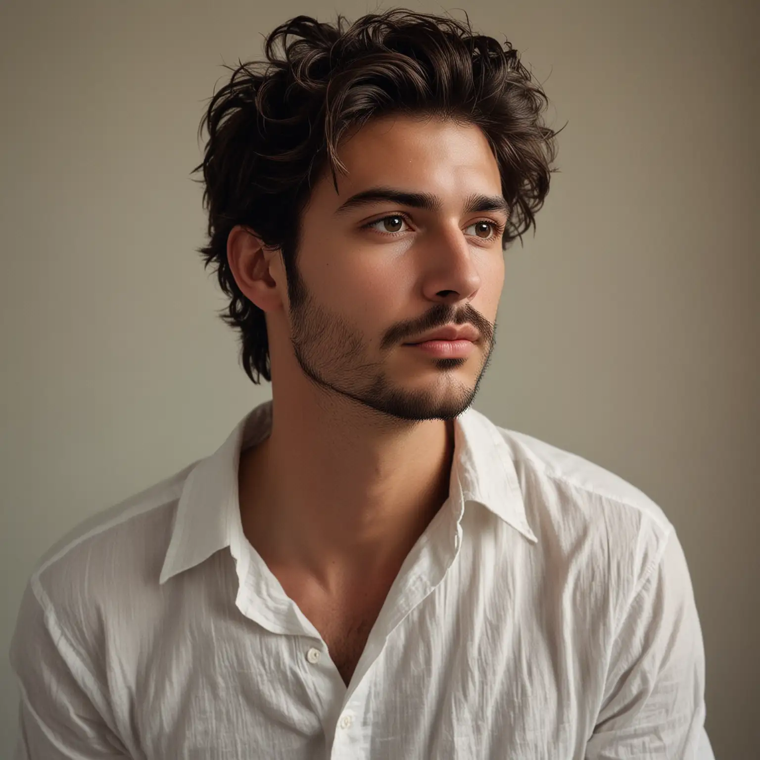 The image portrays a young man with a pensive expression, gazing downward. He has tousled, wavy dark brown hair that frames his face and reaches down to his neck. His facial hair consists of a well-groomed beard and mustache, adding to his rugged yet refined look. He wears a slightly open, white linen shirt, revealing a glimpse of his chest and a small tattoo just below his collarbone. The shirt's texture is light and airy, with subtle vertical stripes. His skin is tanned, suggesting he spends a fair amount of time outdoors.

His posture is relaxed but introspective, with his shoulders slightly hunched and one hand resting on his lap. The background is minimalist and neutral, emphasizing the subject's features and attire. The lighting is soft and natural, casting gentle shadows that enhance the contours of his face and body. This portrait captures a blend of masculinity and sensitivity, exuding a sense of quiet contemplation.
