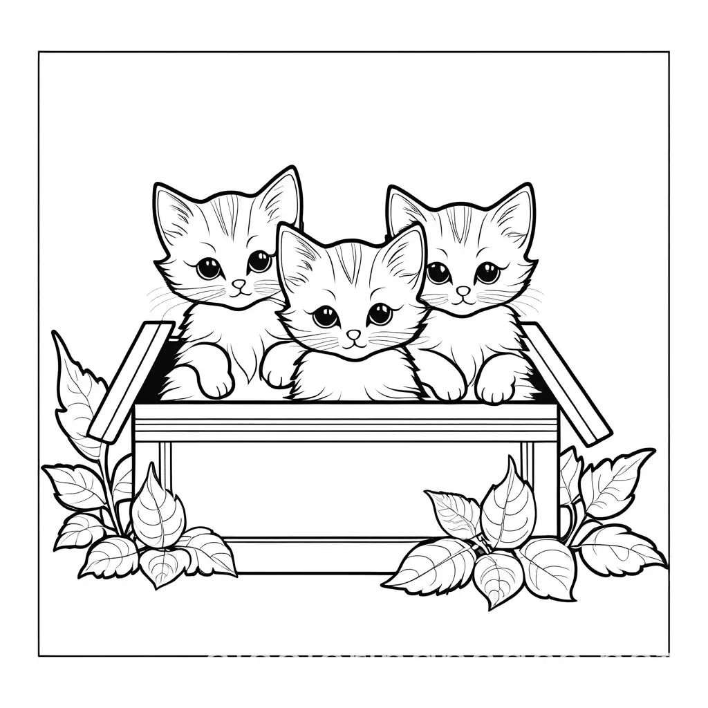 kittens sitting in a box
, Coloring Page, black and white, line art, white background, Simplicity, Ample White Space. The background of the coloring page is plain white to make it easy for young children to color within the lines. The outlines of all the subjects are easy to distinguish, making it simple for kids to color without too much difficulty