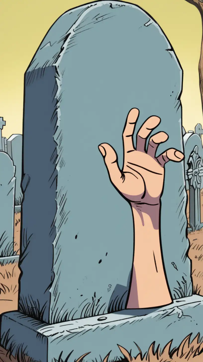 Cartoony color:  The front side of a  left hand reaches up from a grave grasp at something  off screen 
