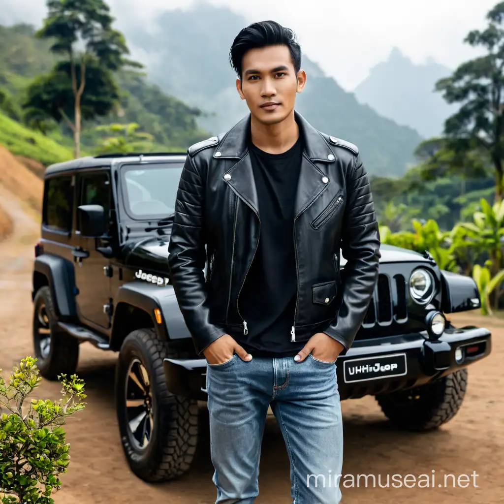 A handsome Indonesian man, 28 years old, oval face, neat straight parted middle hair, with white t-shirt combined with leather jacket, jeans, leather shoes, standing near a black jeep, tree and mountain background, natural photography, HD photography, DSLR, realistic, 32K UHD, best quality, high quality.