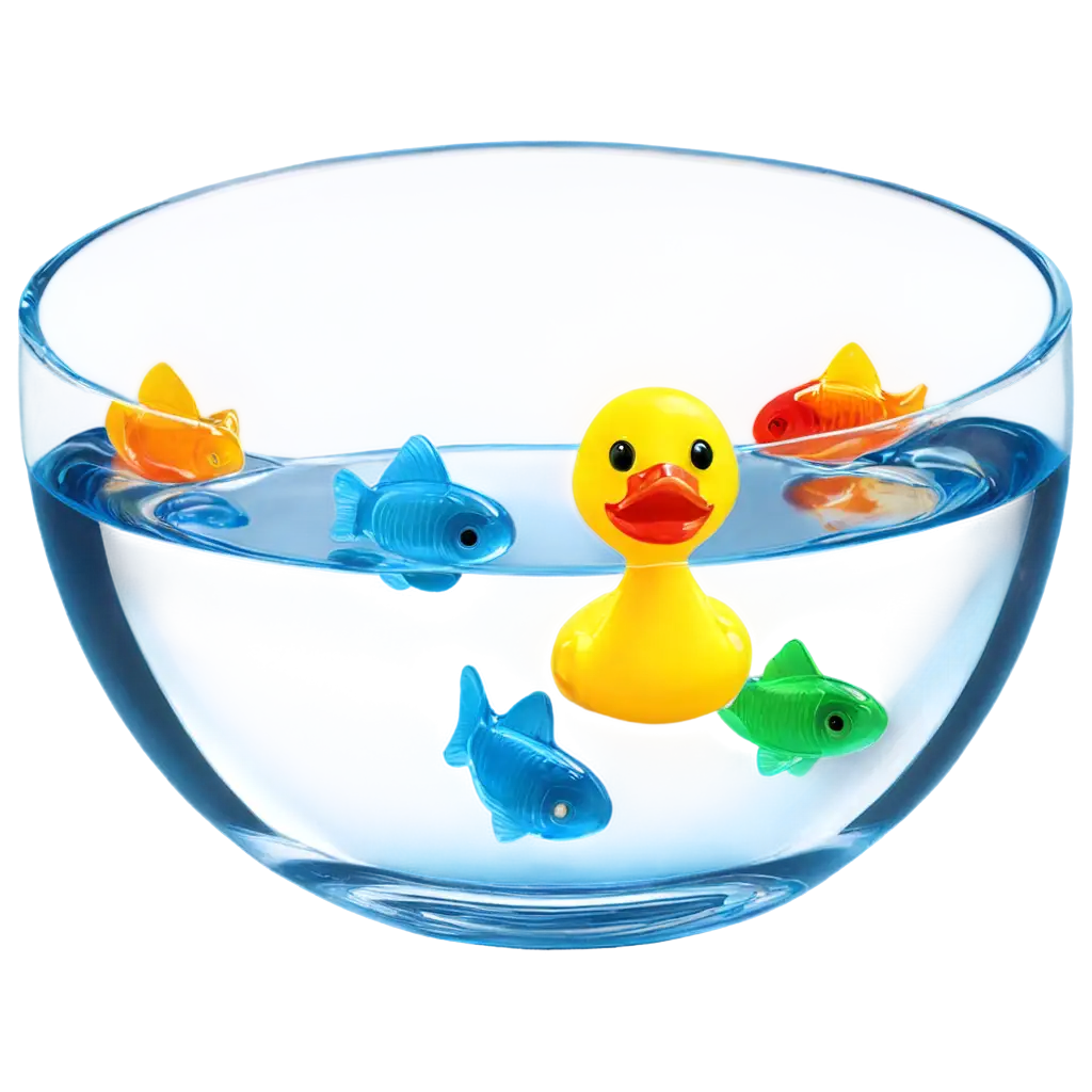 a blue cocktail served in a fishbowl with multi colored candy gummi fish floating inside and a rubber duck floating atop without a shadow on a transparent background