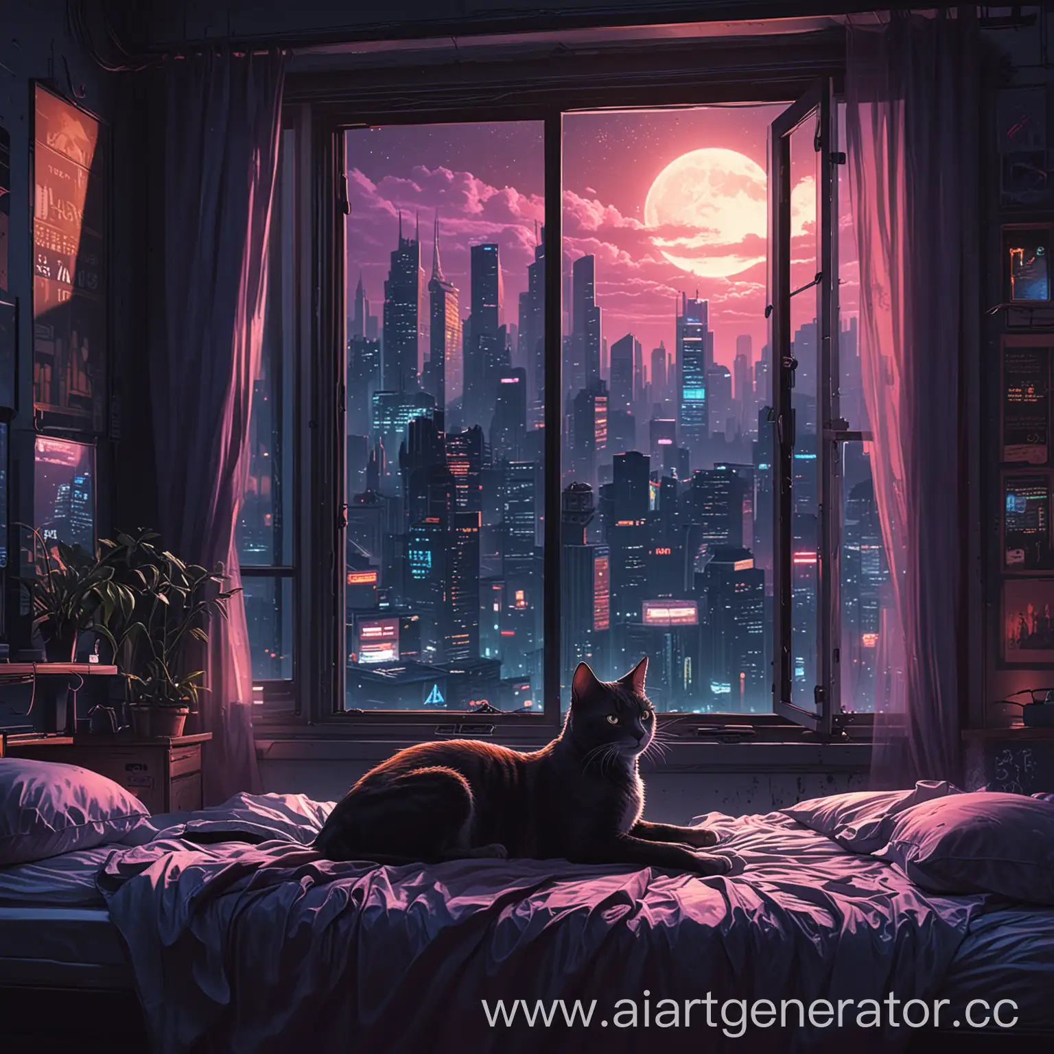Night, The city, Window, Bed, Illustration, cyberpunk, HD wallpaper, The cat is sitting on the window