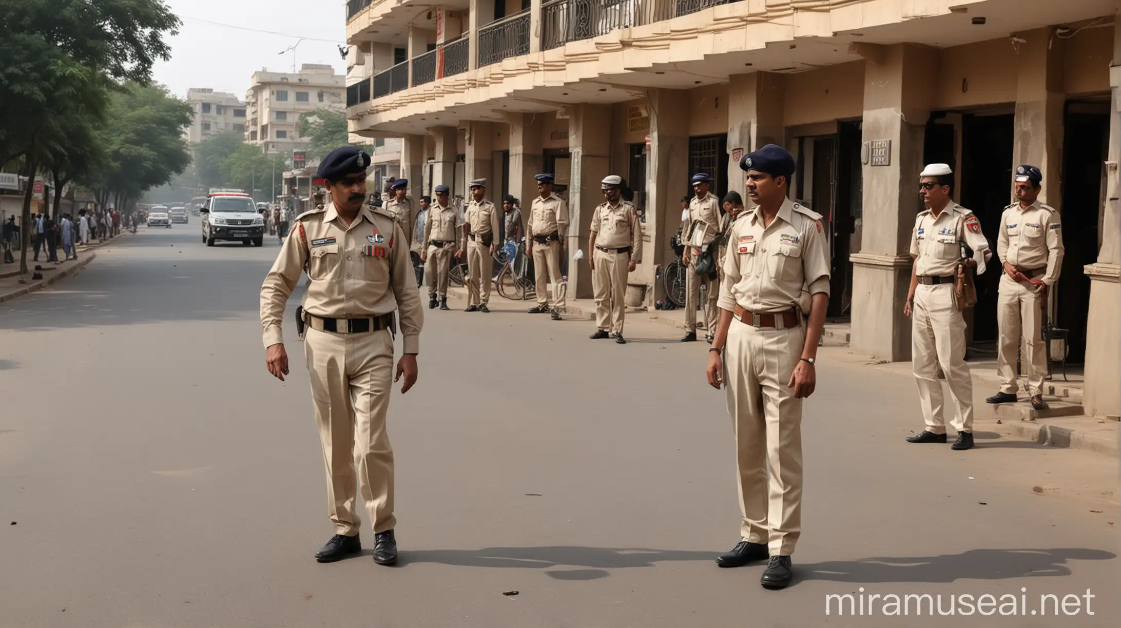 picture of hotel, indian police standing wear khake dress and searching operation going on in front of hotel, mention title: Bomb Threat