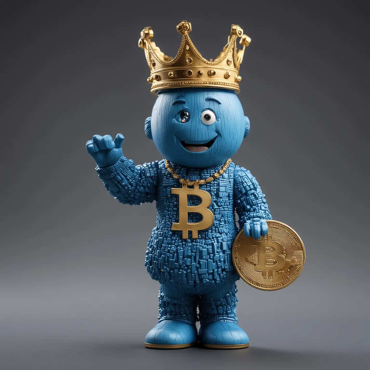 Regal Blue Bitcoin Figure with Crown Symbolic Cryptocurrency Royalty Artwork