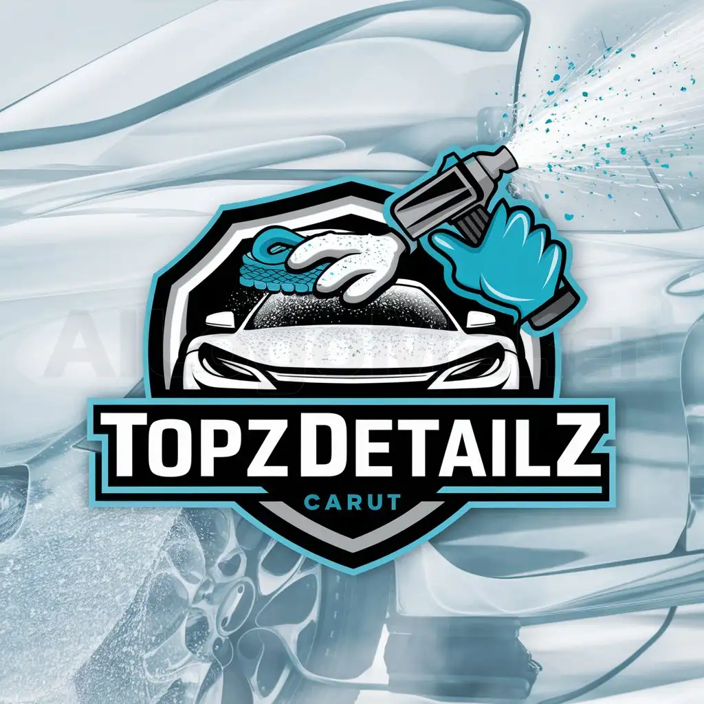 a logo design,with the text "TopzDetailz", main symbol:A Car being sprayed with a snowfoam gun and sparkling and glittering shines with a glove scrubbing and include colours ,also make it look nice and cool,complex,be used in Car Detailing industry,clear background