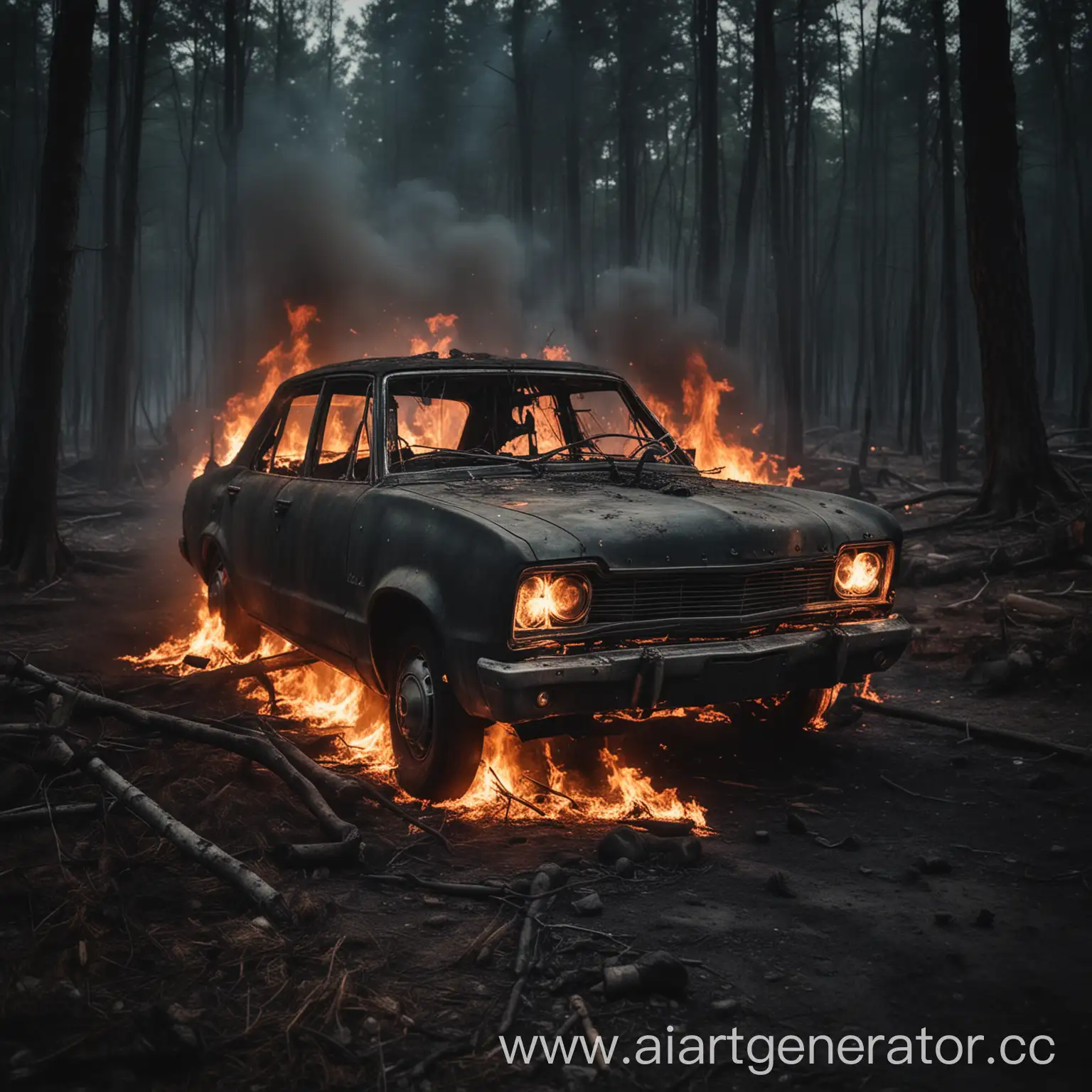 темный лес, горящий старый автомобиль