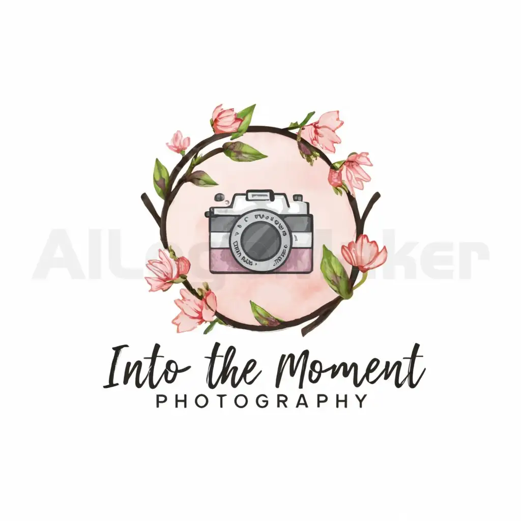 a logo design,with the text "Into The Moment Photography", main symbol:circular with pastel watercolors with Japanese cherry blossoms and camera,Moderate,be used in Photography industry,clear background
