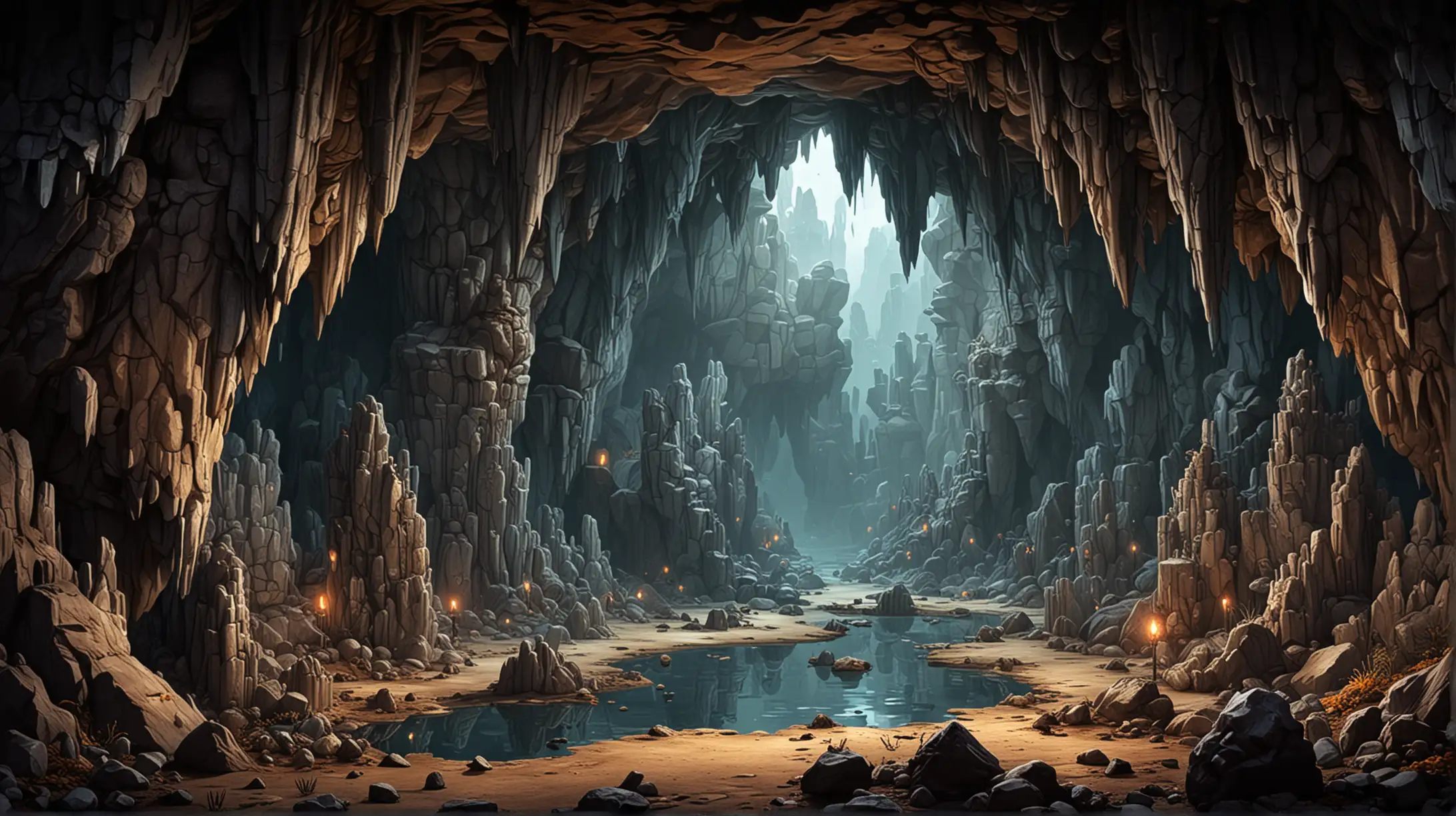 background for a game featuring a cave with stalactites and stalagmites at the top and bottom