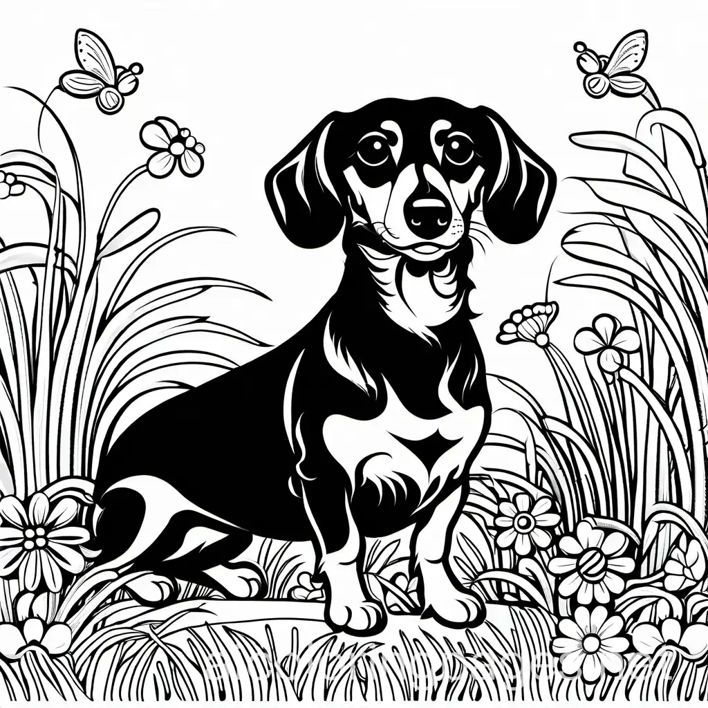 Dachshund in the grass  with lots of flowers, Coloring Page, black and white, line art, white background, Simplicity, Ample White Space. The background of the coloring page is plain white to make it easy for young children to color within the lines. The outlines of all the subjects are easy to distinguish, making it simple for kids to color without too much difficulty