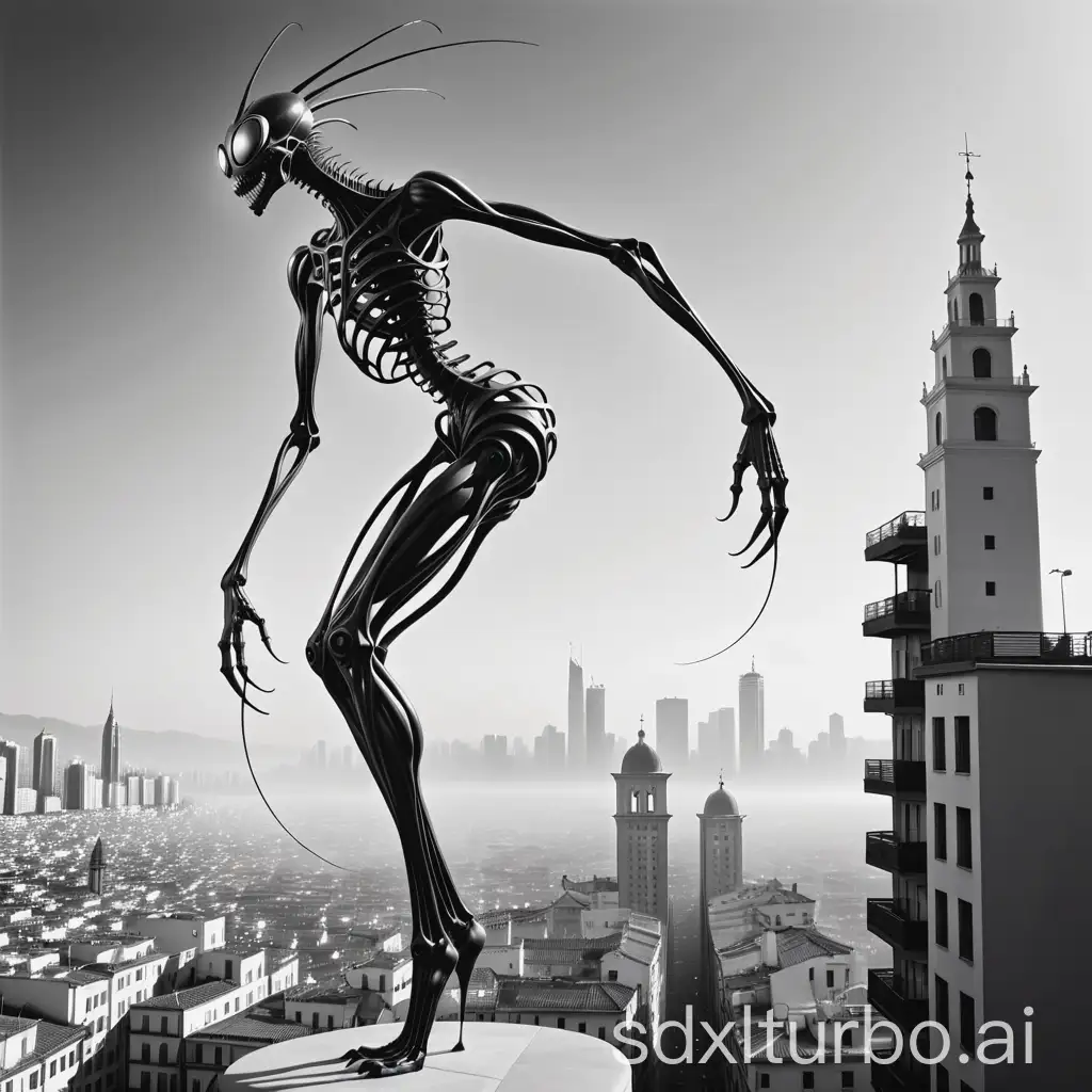 Creature on six long thin legs, legs like a mosquito, alien monster, biomechanical, black and white style, sharp elements of exoskeleton, exoskeleton, skeleton. Towering over the city. Contrast light. Movement. Salvador Dali. Grotesque creature. In profile