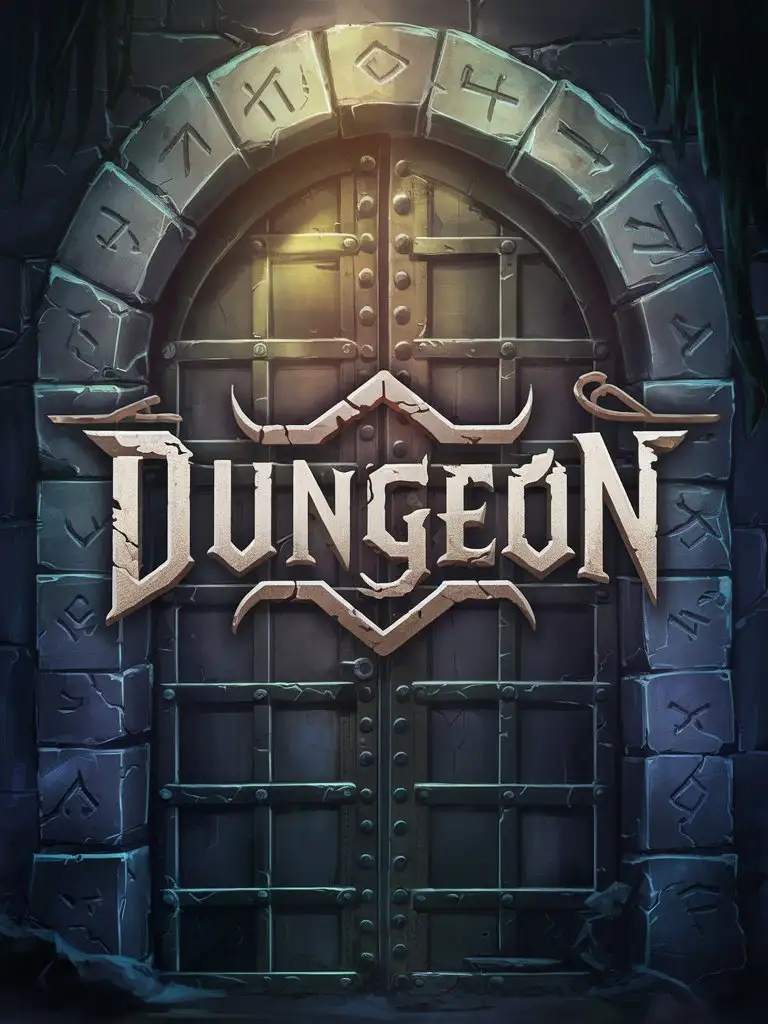 Screensaver for a game about a dungeon.  In the center of the art is a stylized inscription "Dungeon". 2.5D anime art style. Metal door with a stone arch in the background. Runes on the door. Creepy