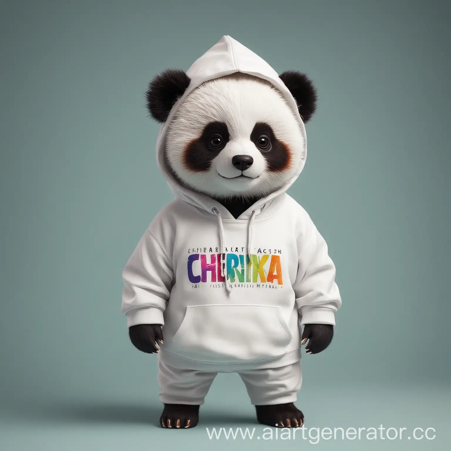 Создай мультяшную малую панду в белой худи на которой написано Chernika