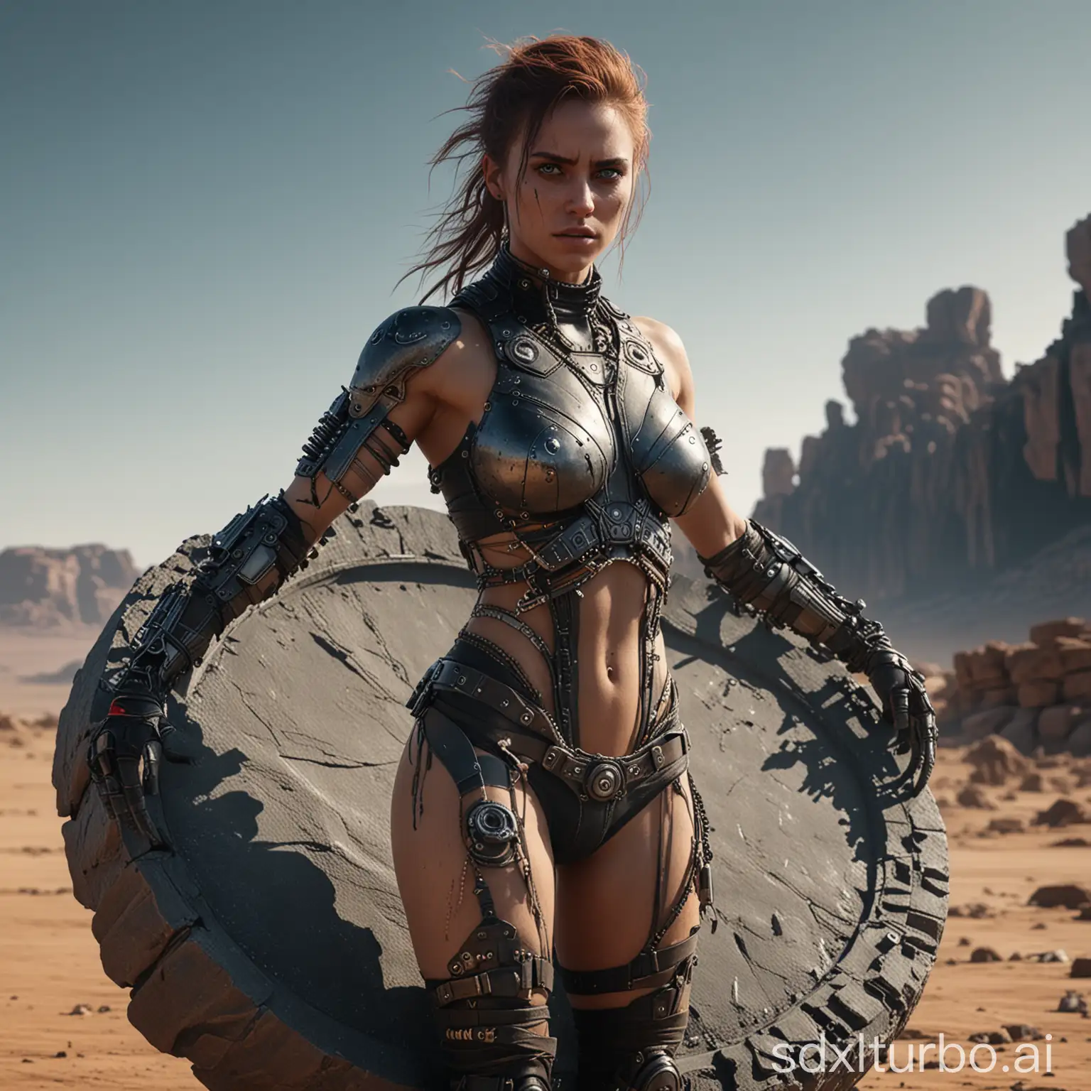 Beautiful modern dark surealism photo female madmax half cyborg standing on circle stone, attack, half body, super detail, 8k
