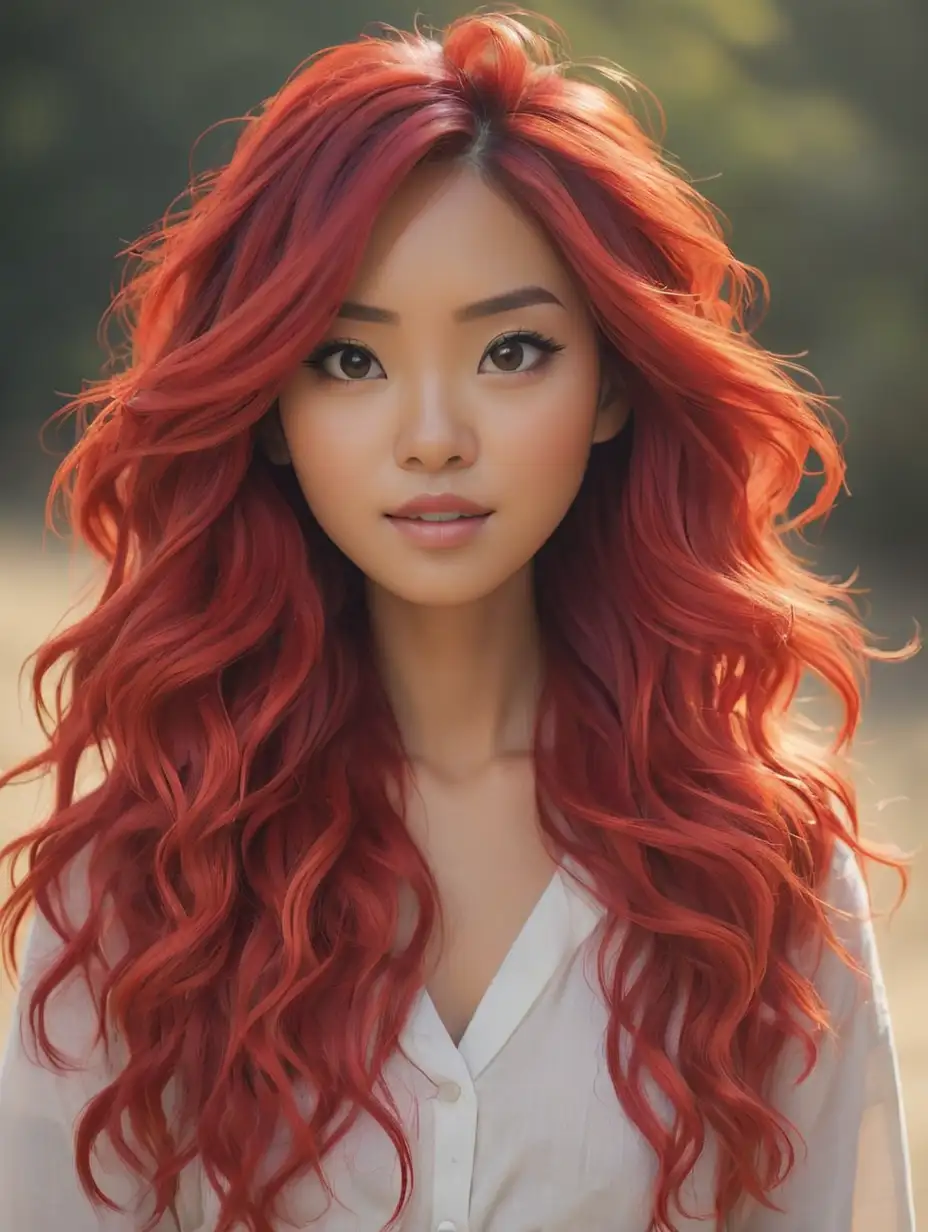 Asian woman with bright red ombre hair