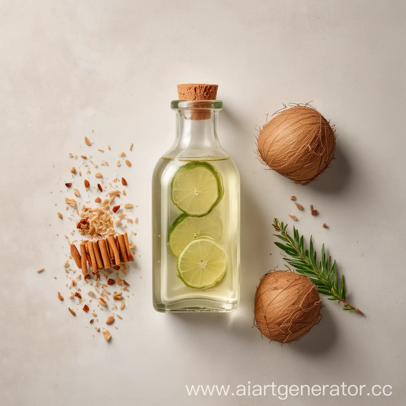 Aromatic-Coconut-Lime-Ginger-and-Cedar-Essence-in-a-Transparent-Bottle-on-White-Background