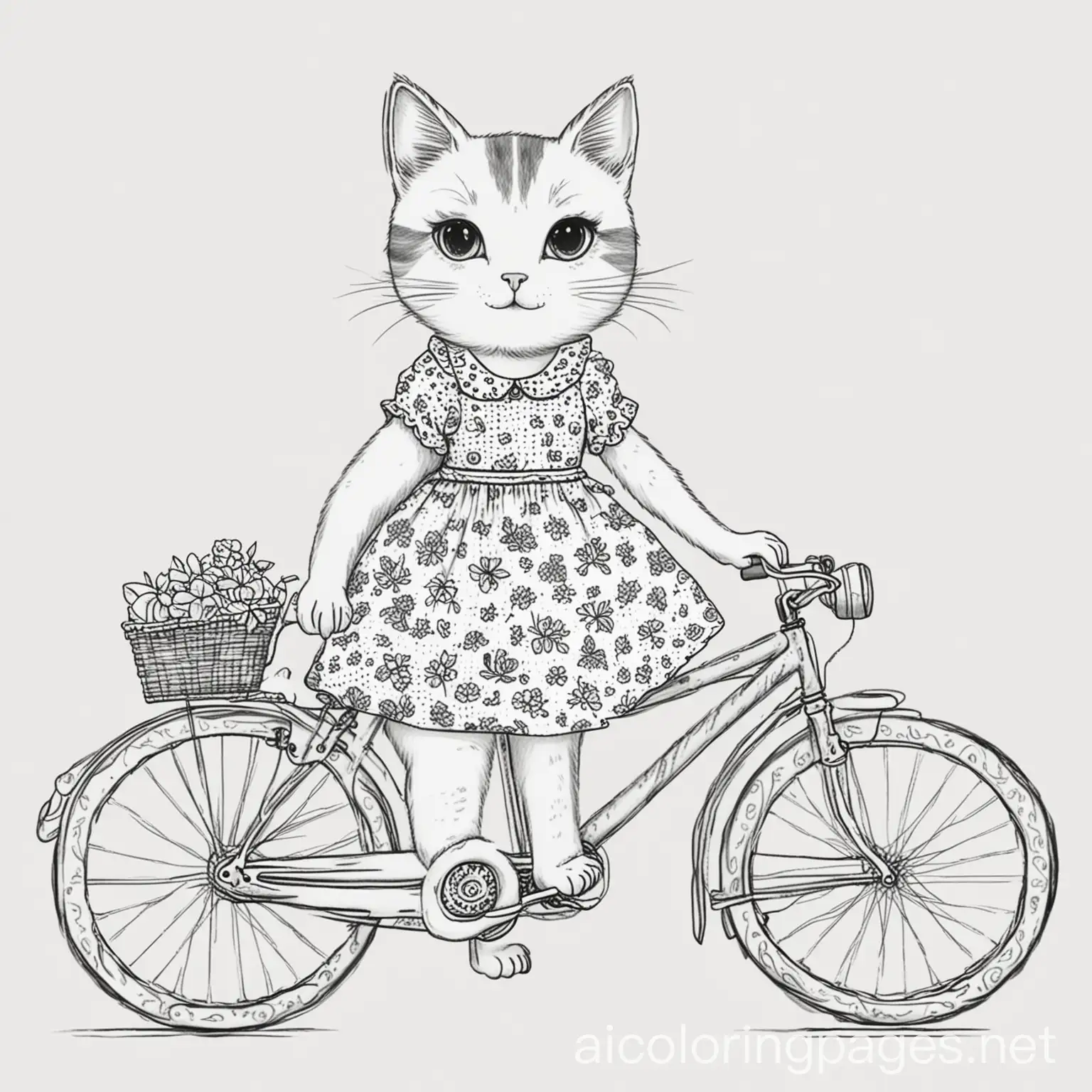 A pretty female cat riding a bicycle wearing a cute dress, Coloring Page, black and white, line art, white background, Simplicity, Ample White Space. The background of the coloring page is plain white to make it easy for young children to color within the lines. The outlines of all the subjects are easy to distinguish, making it simple for kids to color without too much difficulty