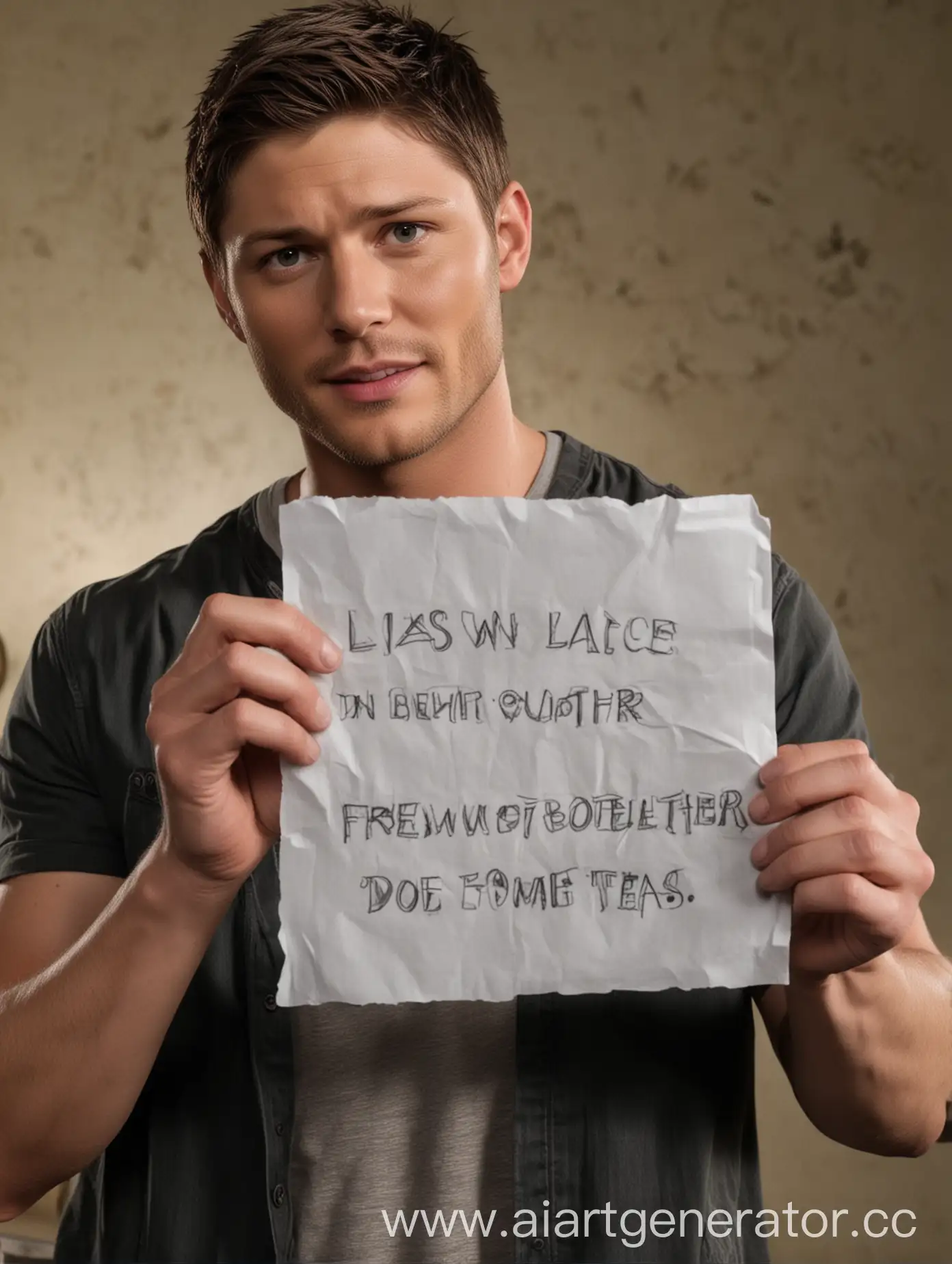 Jensen Ackles as Dean Winchester from the TV series Supernatural holds up a piece of paper that reads Лиза, в следующей жизни мы обязательно будем вместе"