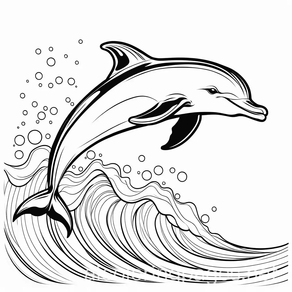 A happy dolphin swimming in the ocean, Coloring Page, black and white, line art, white background, Simplicity, Ample White Space