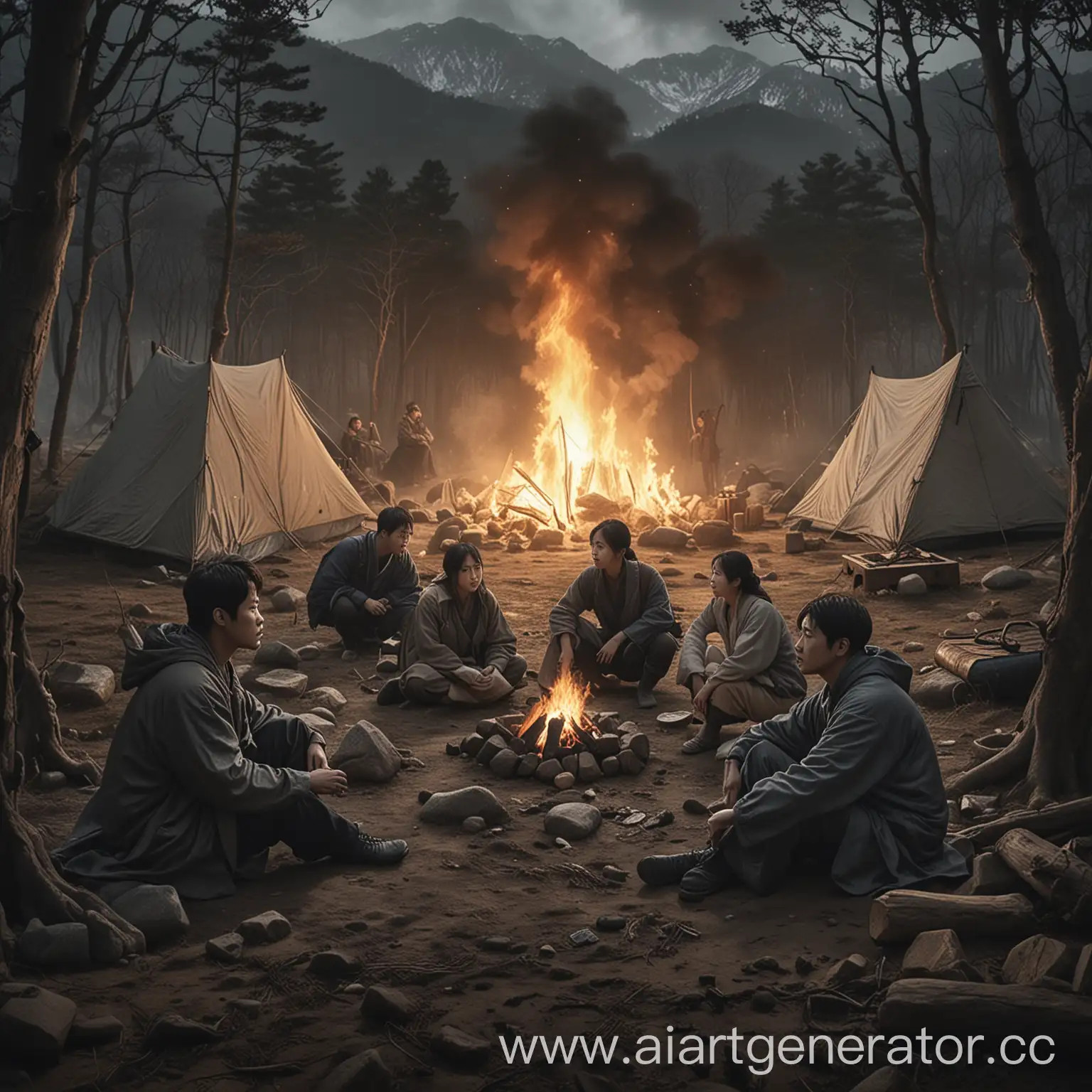 Mysterious-South-Korean-Mountain-Landscape-Worried-Characters-by-Campfire-Amidst-Eerie-Shadows