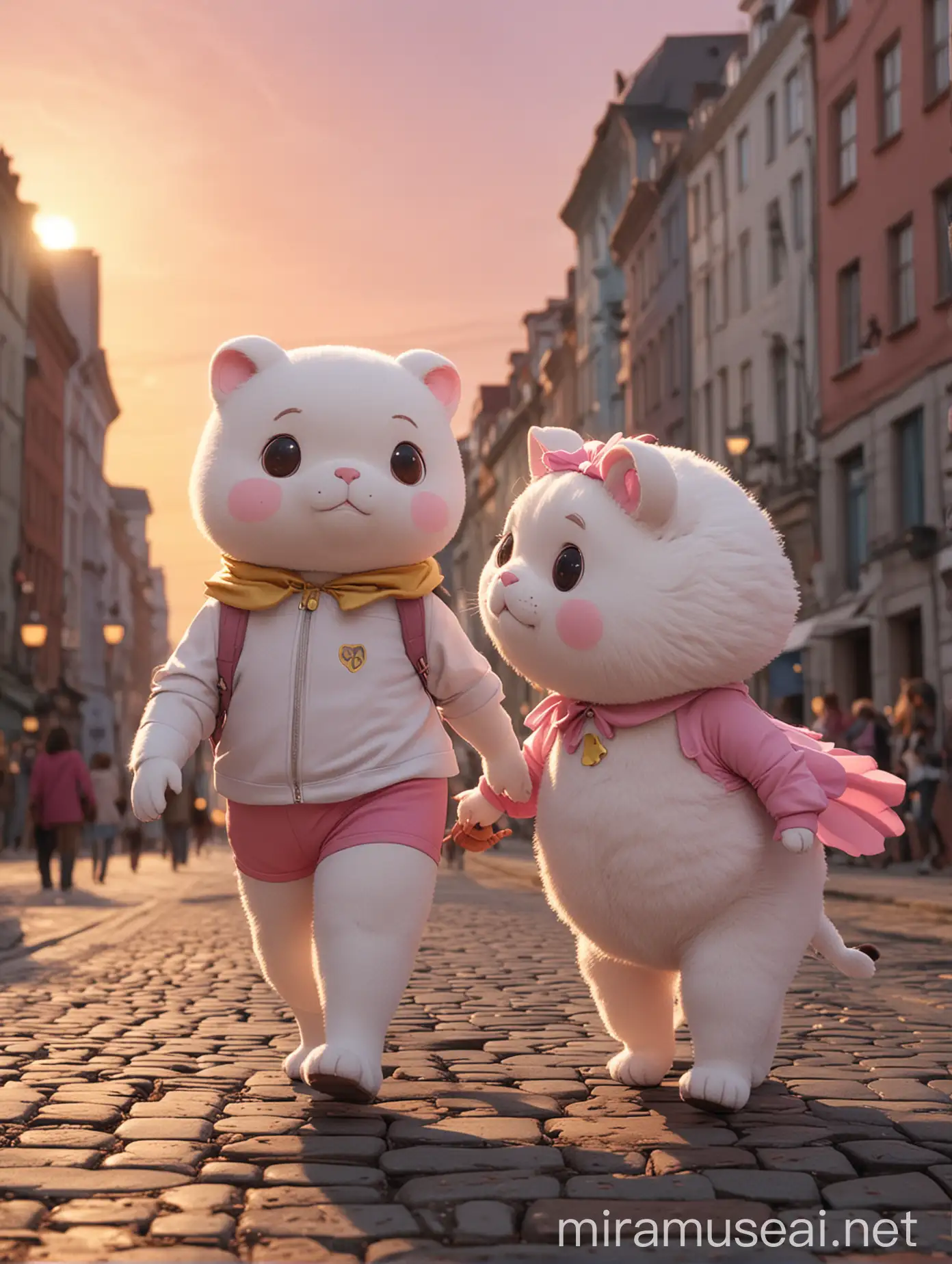 Bee and PuppyCat, realistic, walking together, in the city of Warsaw, at sunset