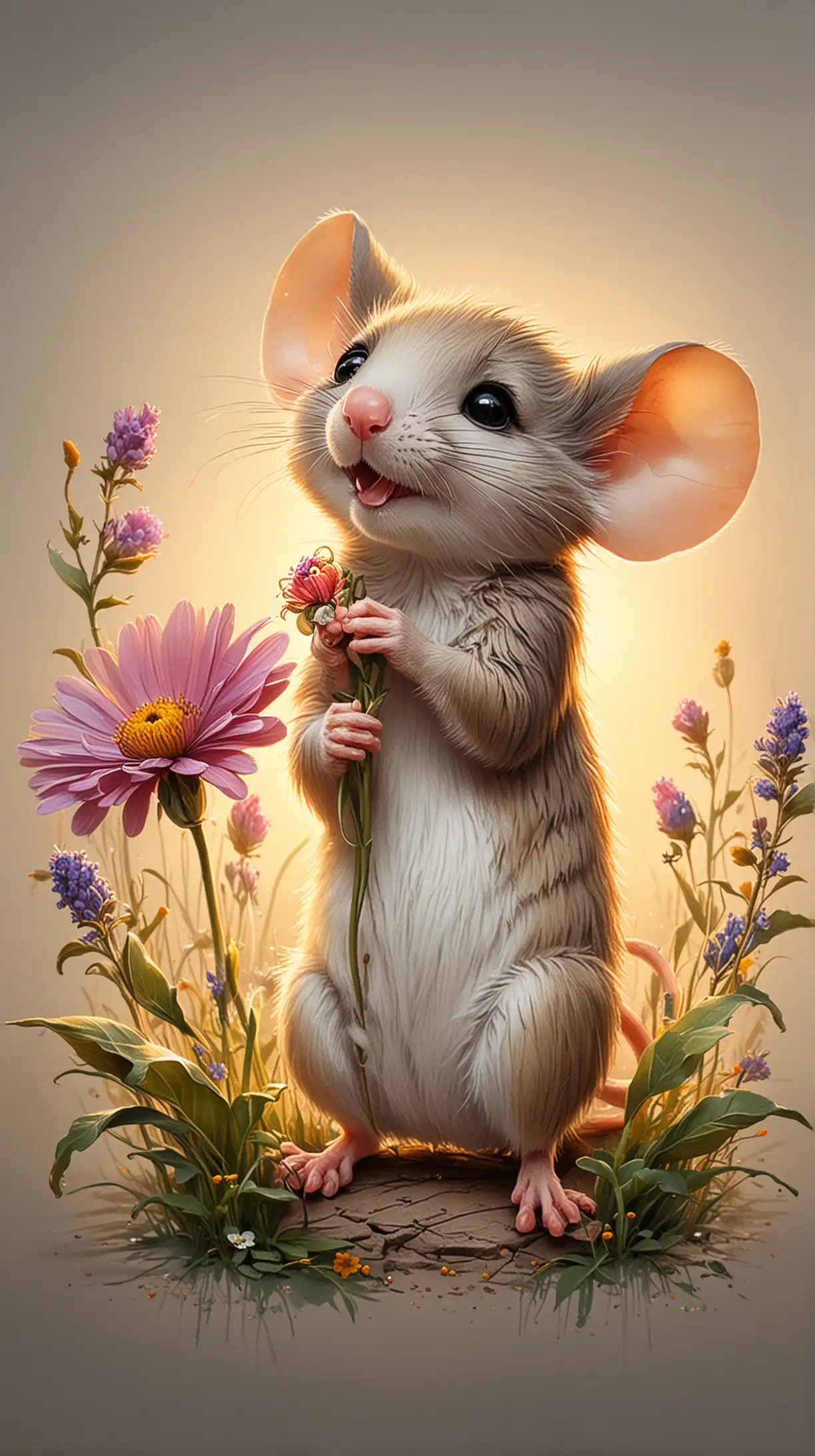 Friendly Mouse Offering a Wildflower at Sunrise