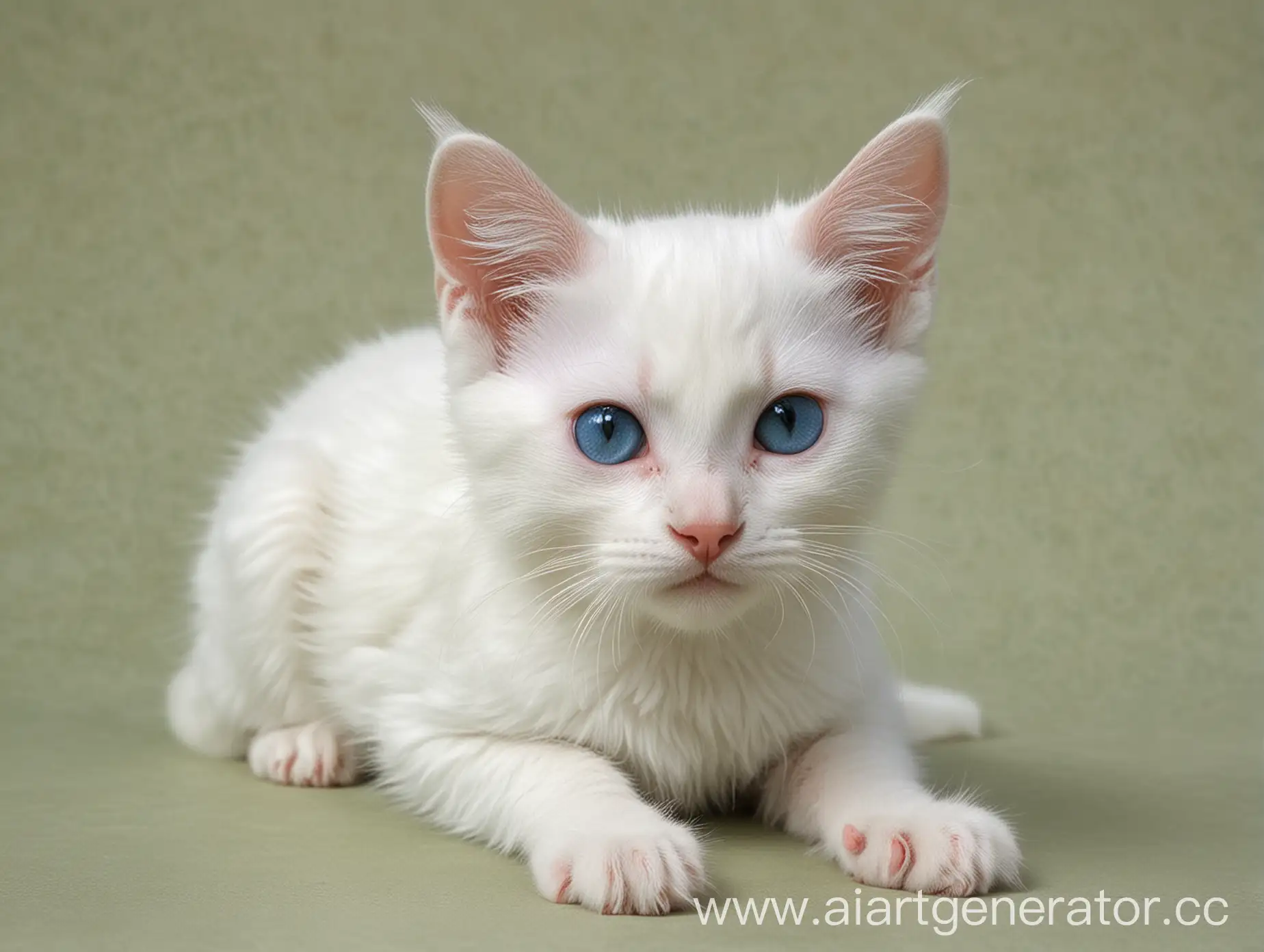 Белый котёнок с четырмя хвостами. Левый глаз голубой. Правый глаз зелёный