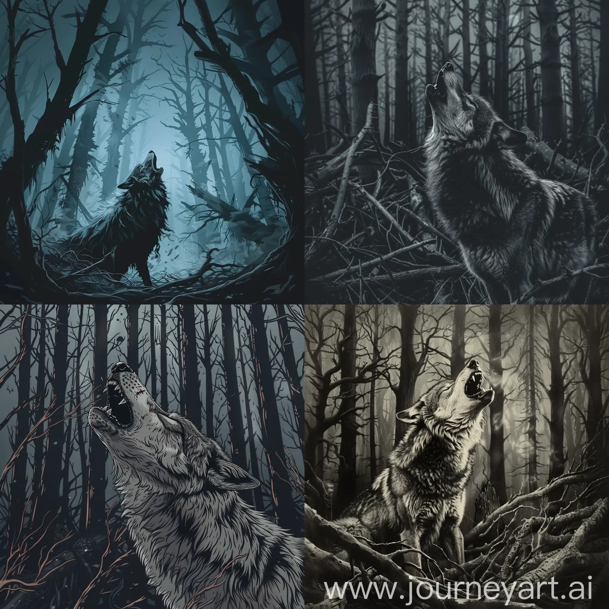 Eerie-Wolf-Howling-Amidst-Dark-Forest-of-Dead-Trees