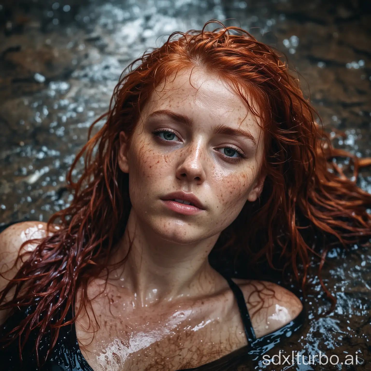 photo portait young female deep gaze wet red hair lying with her body wet in a disused floor, cinematic light scene