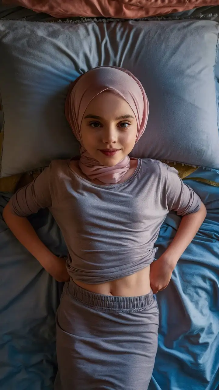 A innocent girl.  14 years old. She wear hijab, skinny t-shirt.
She is beautiful. She lie on the bed.
Bird's eye view, petite, pretty, plump lips. Elegant, From the above, 