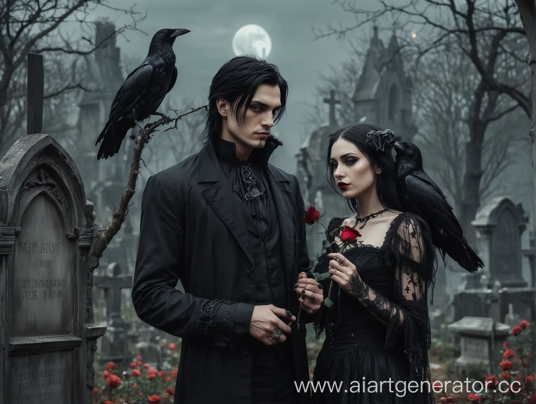 Man-with-Black-Hair-Holding-a-Rose-near-a-Gothic-Woman-in-Cemetery-with-Ravens-and-Moon