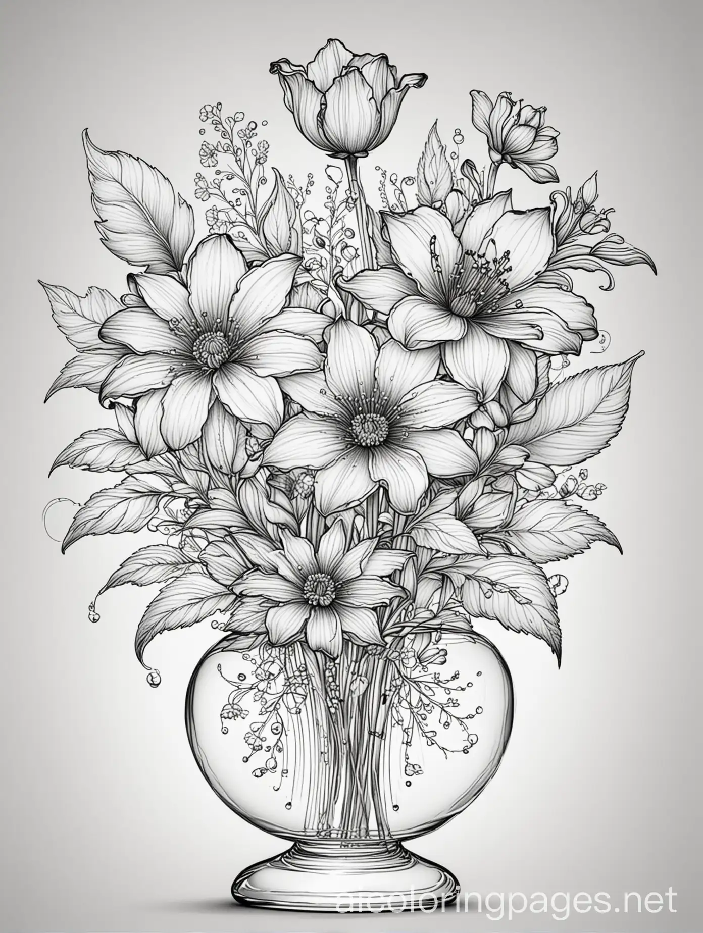 fantasy flowers in style of Paulina Góra, extremely detailed, fantasy, beautiful, glass vase, Coloring Page, black and white, line art, white background, Simplicity, Ample White Space. The background of the coloring page is plain white to make it easy for young children to color within the lines. The outlines of all the subjects are easy to distinguish, making it simple for kids to color without too much difficulty
